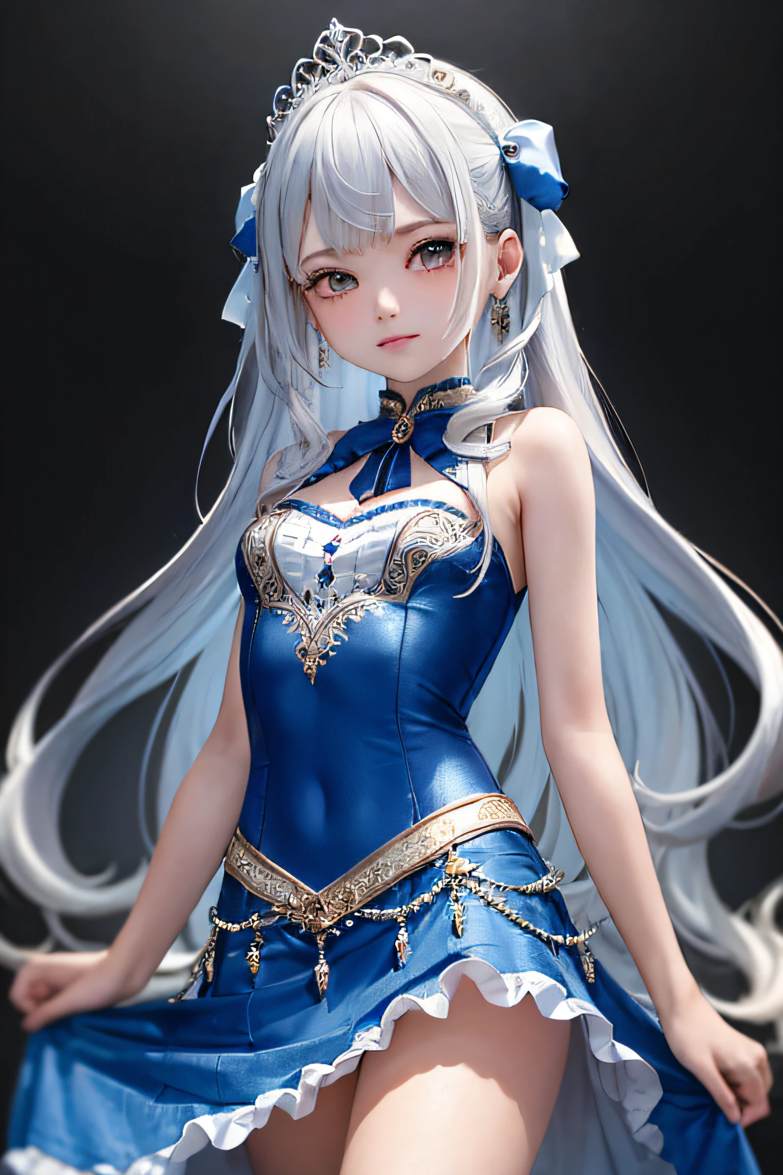 (masterpiece、highest quality、Every detail，Fantastic lighting，Depth of written boundary)(1girl,solo)(cute girl，Blue long dress，The dress has a loose fit，Exposing shoulders，No sleeve，White Hair、medium beautiful breasts，Beautiful cleavage，thin and white legs、White skin)(ruins、Dilapidated Building、Collapsed Wall)(Close-up)(Emphasize cleavage、Sexy model posing)