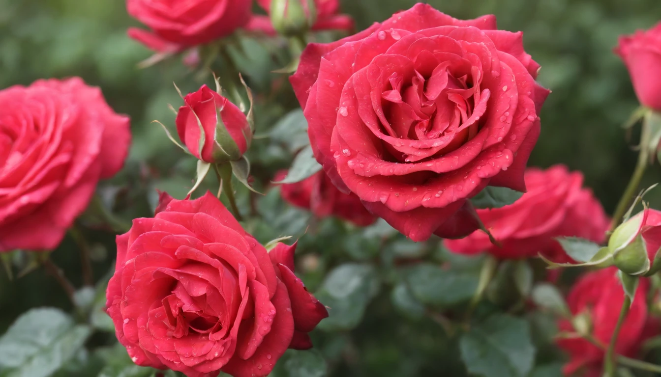 Many red rose flowers in the garden and sunlight with bokeh, dew drops on flower petals (masterpiece, ultra quality, high resolution, 8k, intricate: 1.2), (masterpiece), (best quality:1)