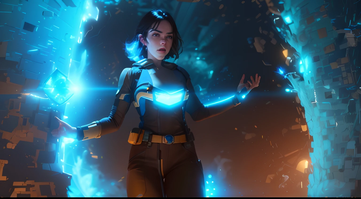 Hot Sci fi action of Daisy Ridley using blue energy powers photography, natural light, photorealism, cinematic rendering, ray tracing, the highest quality, the highest detail, Cinematic, Third-Person View, Blur Effect, Long Exposure, 8K, Ultra-HD, Natural Lighting, Moody Lighting, Cinematic Lighting