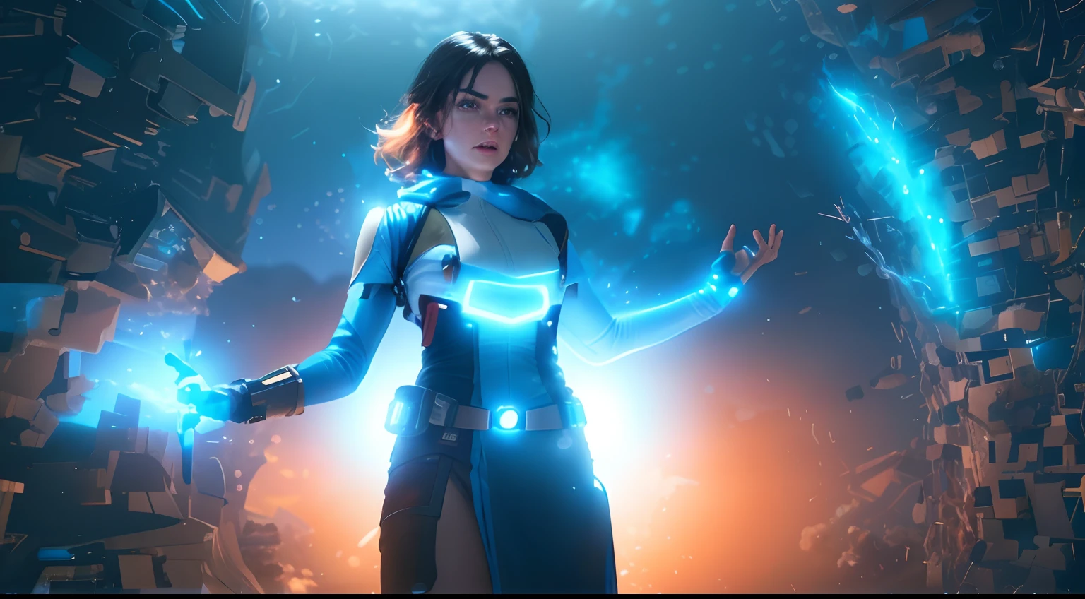 Hot Sci fi action of Daisy Ridley using blue energy powers photography, natural light, photorealism, cinematic rendering, ray tracing, the highest quality, the highest detail, Cinematic, Third-Person View, Blur Effect, Long Exposure, 8K, Ultra-HD, Natural Lighting, Moody Lighting, Cinematic Lighting