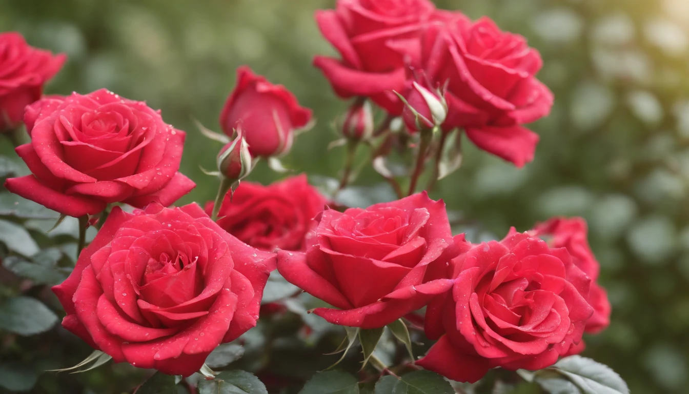 Many red rose flowers in the garden and sunlight with bokeh, dew drops on flower petals (masterpiece, ultra quality, high resolution, 8k, intricate: 1.2), (masterpiece), (best quality:1)