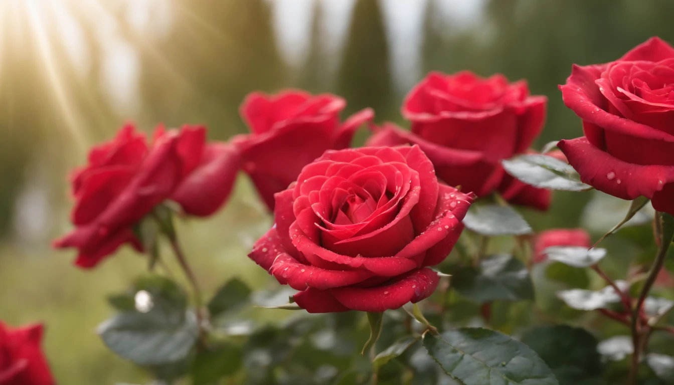 Many red rose flowers in the garden and sunlight with bokeh, dew drops on flower petals (masterpiece, ultra quality, high resolution, 8k, intricate: 1.2), (masterpiece), (best quality:1)