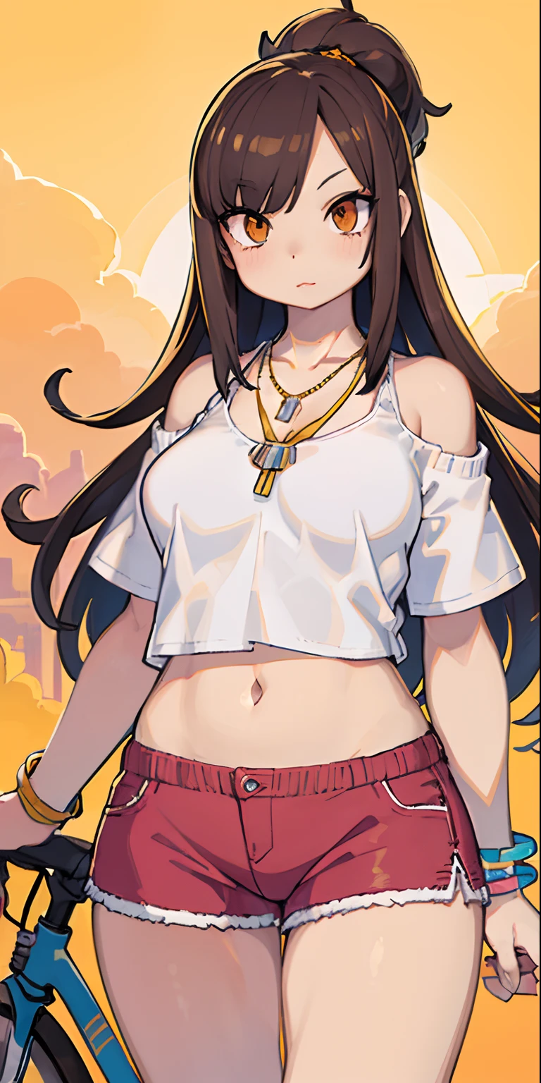a woman in a white top and pink shorts stands next to a bicycle with a yellow background and, by Quentin Tarantino, 1girl, bracelet, brown_hair, jewelry, letterboxed, lips, long_hair, makeup, medium_breasts, midriff, nail_polish, navel, necklace, nose , orange_sky, pink_shorts, realistic, shorts, solo, sun, sunset, tattoo, bracelet, yellow_background, yellow_sky, beautiful detailed glow, detailed, cinematic light, intricate detail, highres, detailed facial features, high detail, sharp focus, soft , aesthetic, extremely detailed, stamp, octane render