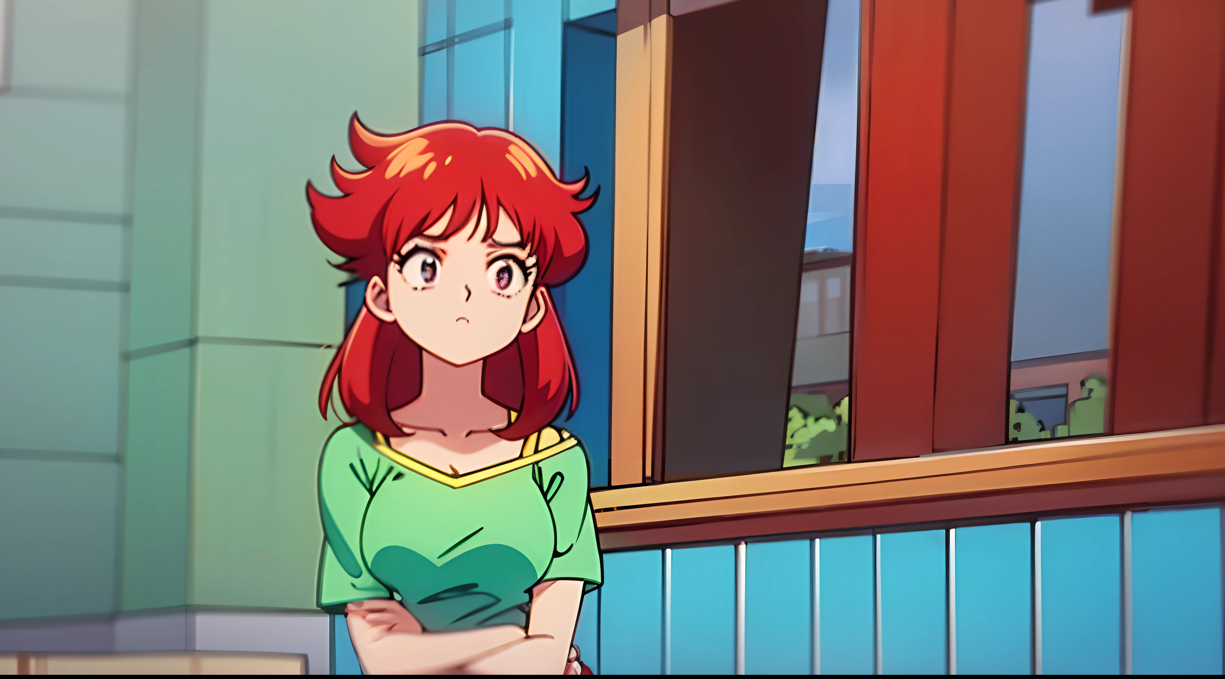 a woman with red hair and a green shirt in front of a building, menina lofi, 8 0 s vibe anime, anime vibes, Digital anime illustration, retro anime girl, menina anime sedutora, Elogio Artstyle, no estilo de arte do anime 8 0 s, estilo anime. 8k, arte digital do anime cyberpunk, estilo anime 4K