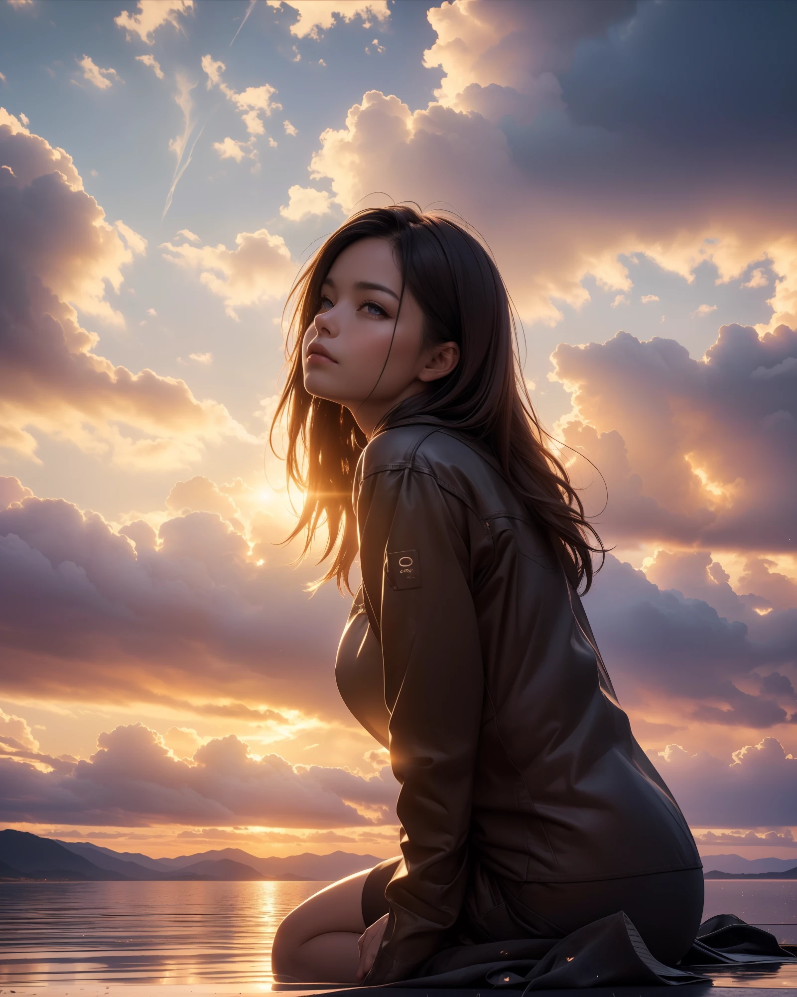 (8k, RAW photo, best quality, masterpiece:1.2),(realistic, photo-realistic:1.37), ((best quality)), ultra high res,extremely detailed CG unity 8k wallpaper, physically-based rendering,cinematic lighting,full body, (bokeh:1.4), (1boy), sit, watch sunset, warm sunset, beautiful sky, cloudy, airplane trails, view from far, from below