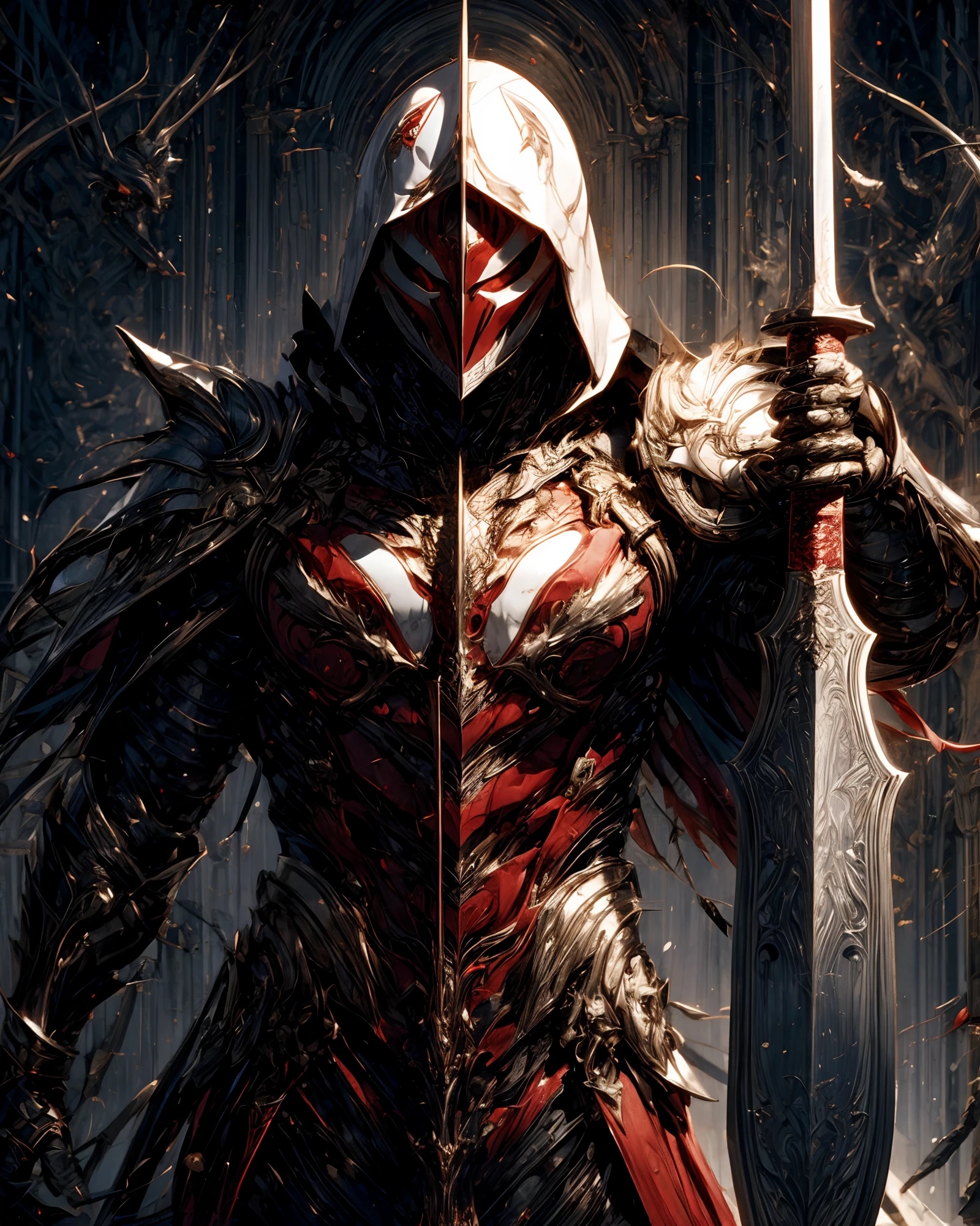 One Male albino knight with long hair, wearing heavy armor with a red hood, holding, holding long sword, holding weapon