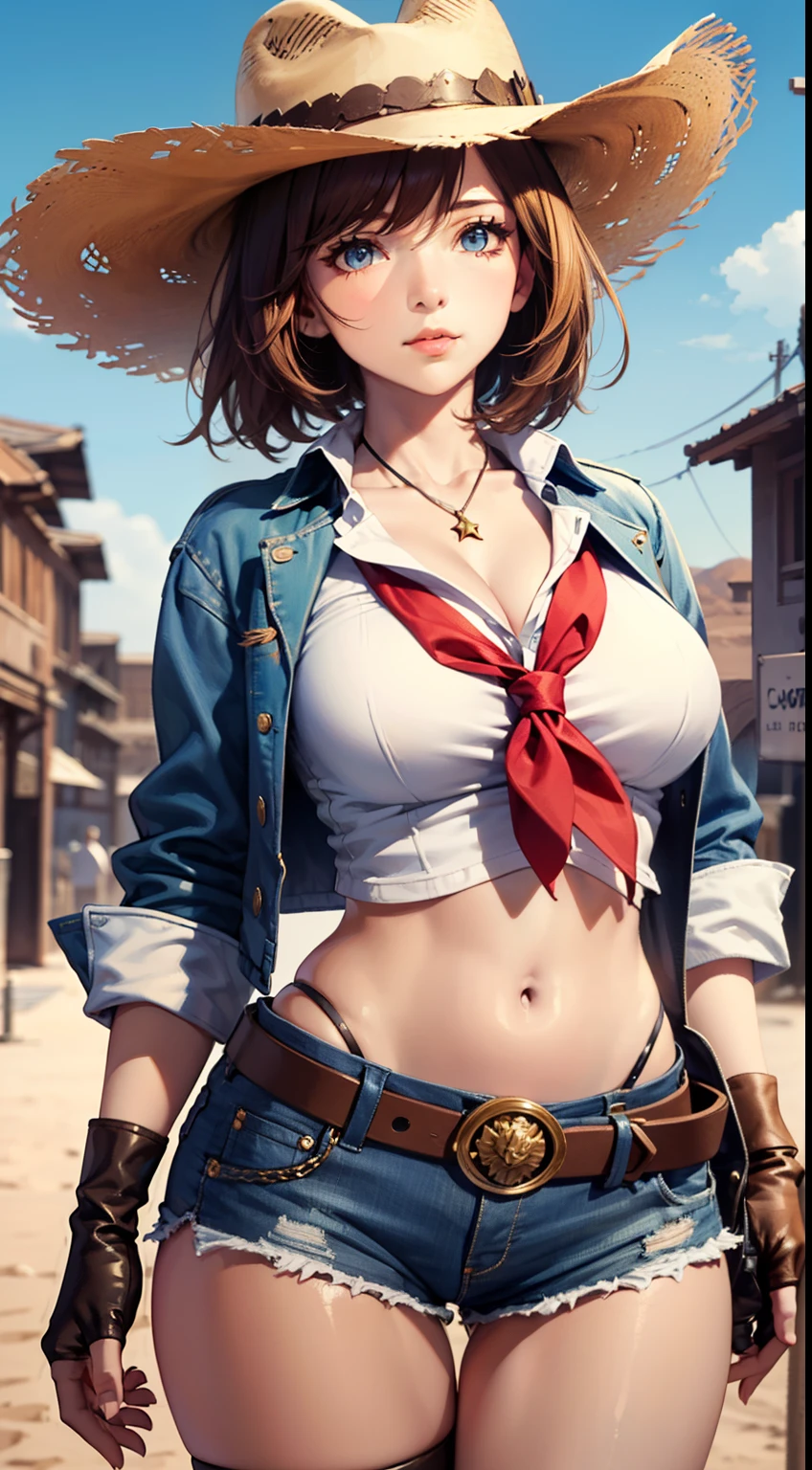 (((((solo))))),(((((masterpiece))))), (((((best quality))))),(((((highly detailed))))), finely detailed, Depth of field,detailed clothes, ((cygames)), highres,
1girl, bangs, (beautiful detailed face:1.3), collarbone, collared shirt, ((white shirt)), button open to show cleavage, show belly, blue eyes, golden hair, cleavage, ((cowboy)), (cowboy hat:1.3), short gloves. fingerless gloves, hat, medium breasts, navel, neckerchief, red neckerchief, short hair, short shorts, shorts, healthy thighs, gun belt ,cowboy western, sunny desert background, thigh gap
