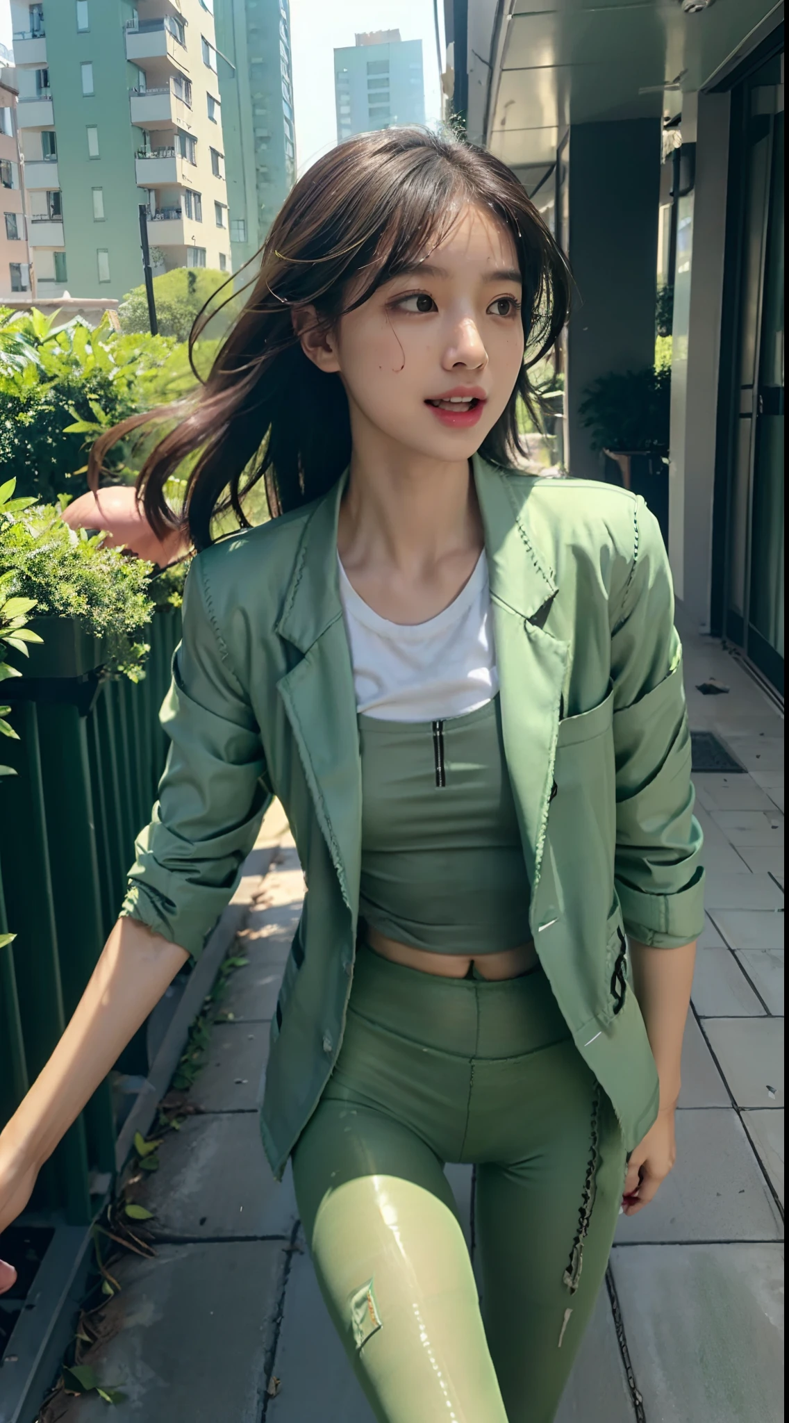 (Small underboob,Tomboyish,small heads)), (perfect bodies: 1.1), (shoulder length straight  black short hair: 1.2),attractive collarbone，（极其细致的CG 8k壁纸），（Extremely refined and beautiful），（masterpiece），（best qualtiy：1.0），（超高分辨率：1.0）,[A high resolution]，cheerfulness，smile，Smooth and flawless fair skin，ultra - detailed ，Elongated legs，（Small breasts:1.1),Flat chest,underboob,Slim，emaciated，(green sports jacket:1.5),(green damaged pantyhose:1.4),White sneakers,autumn, in residential areas,high-rise residential buildings,in garden,on path,(running:1.5),(Hair flying:1.3),midday sunlight,(open mouth:1.2) ,(female orgasmic:1.3), (blush:1.3),(sweat:1.6),