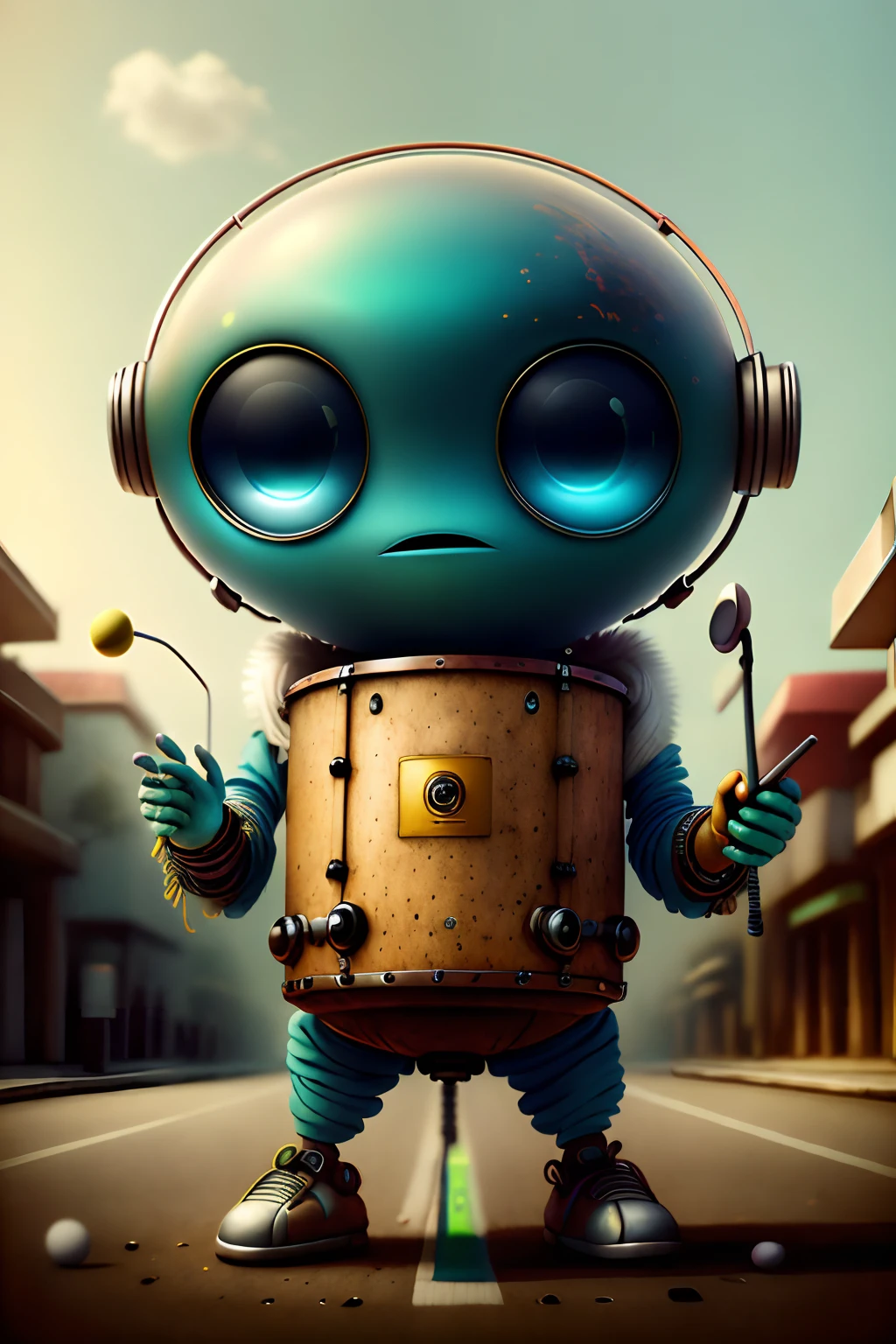 masutepiece、top-quality、Futuristic robot street musician with drum、An alien with a very big cute mouth, regatta, Bermuda Tennis