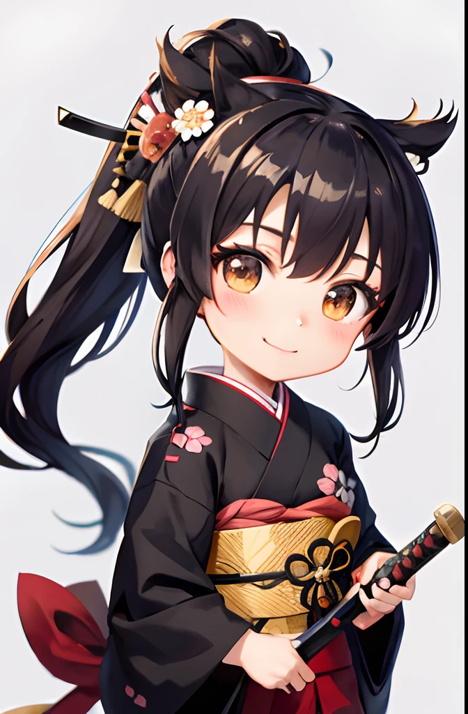 Cute chibi anime the size of a flower,Chibi anime female samurai of the Sengoku period、ponytail dark hair、Female samurai kimono costume、Carrying the sword,Edo townscape、dark colored、primary colours、、Smiling, animations、A slight smil、Chibi Animation