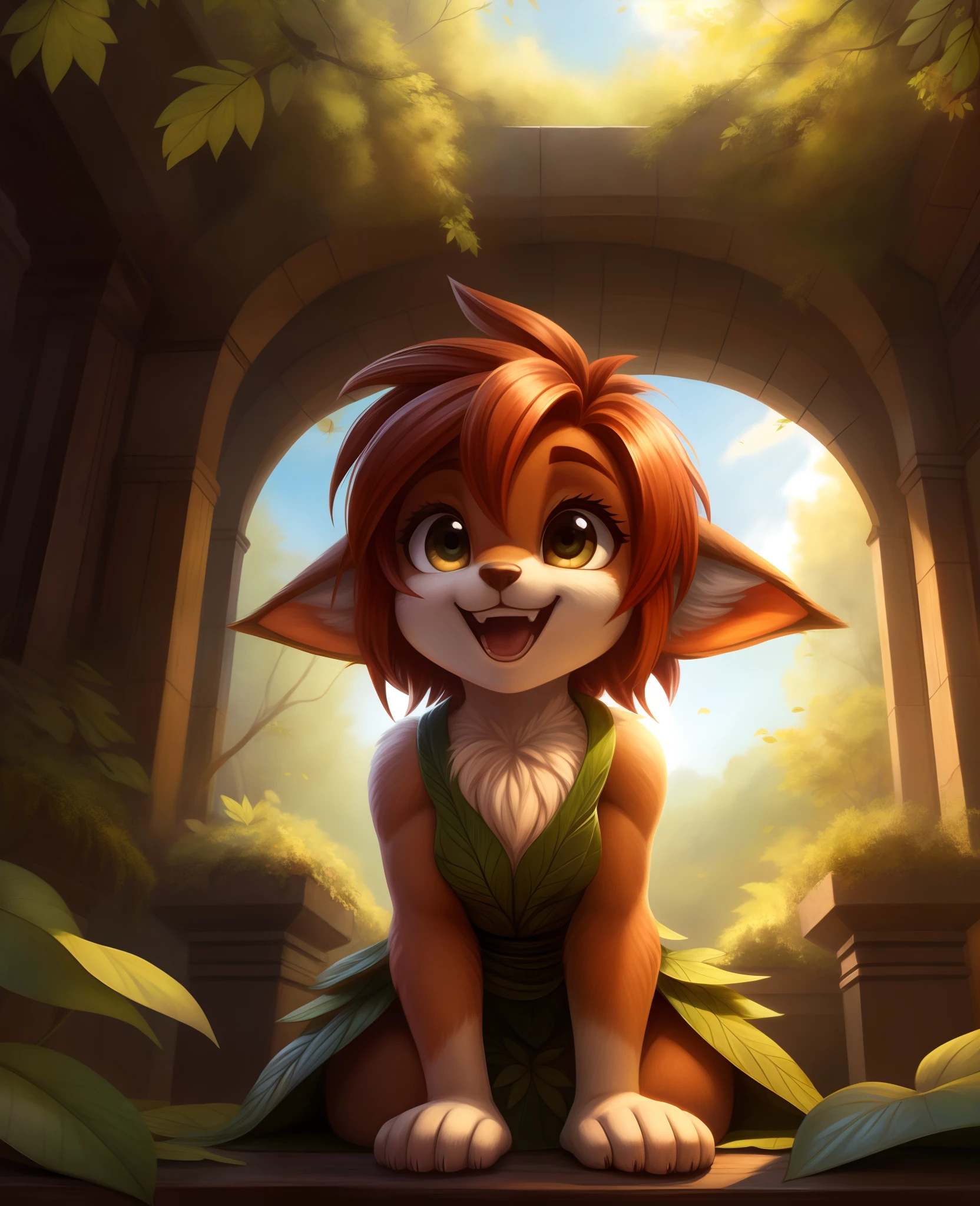 absurd res ,,, elora furry, detailed and extremely fluffy body fur, fluff, masterpiece, looking up beautiful surroundings, detailed background, happy, leaf-dress