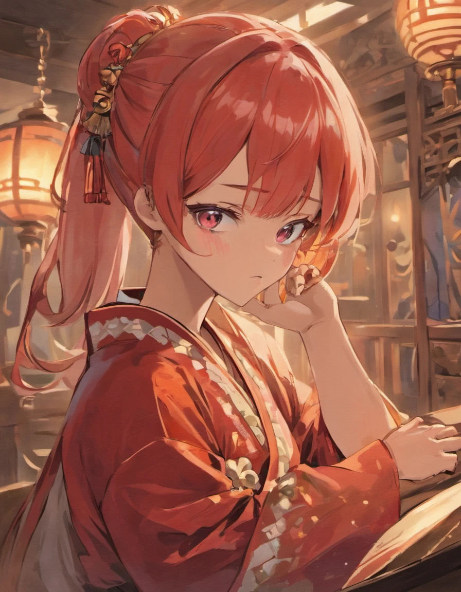 (best quality, masterpiece:1.12), {good eyes:1.2}, (detailed pupil:1.15), (perfect eye:1.2), (1girl), smug, (red kimono), (red haired girl), (red ponytail) sitting on a desk, medieval, fantasy, high-definition, detail representation, complex details, 4k anime style, (detailed), {maximum resolution}, (high quality:1.25), (perfect anatomy), (perfect face:1.2), (detailed face:1.1), detailed digital art of anime, (digital art anime:1.25), (good hands), (good arms), perfect body.