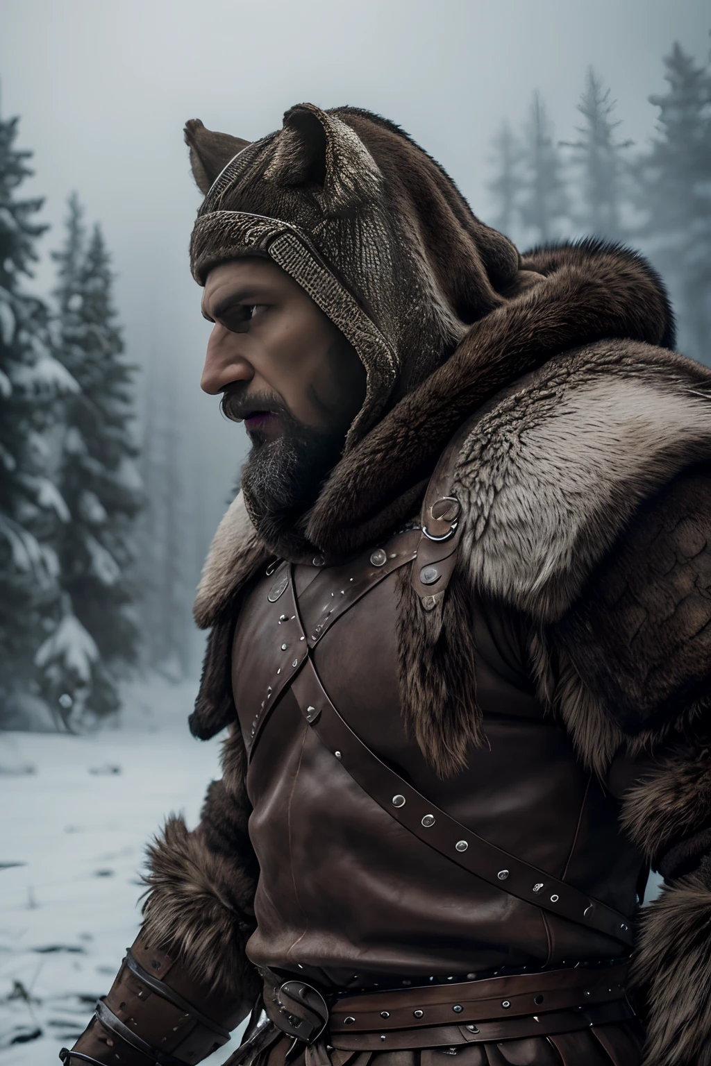 8K ultra - realistic photo of a Viking warrior, Tall and imposing, with wolfskin, thrown over the head, His eyes and muzzle form a menacing hood. Intricate details of wolf fur, Tooth texture, And the rough features of the warrior's face are conveyed with accuracy. Viking eyes, intense and ferocious, Look out from under the wolf's face, The embodiment of the spirit of man and beast. The background is a foggy northern landscape, Amplifying the mysticism of the scene. shot on Canon. —ar 9:16 —V 5.1 —Стиль Raw —s 750