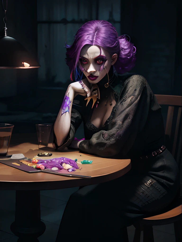 Photorealistic:1.4, araffe woman with purple hair and makeup holding a knife, creepy clown girl, goth clown girl, scary color art in 4 k, scary look, eerie art style, artwork in the style of guweiz, cyberpunk horror style, horror fantasy art, clown girl, cutecore clowncore, deviantart artstation cgscosiety, rossdraws cartoon vibrant