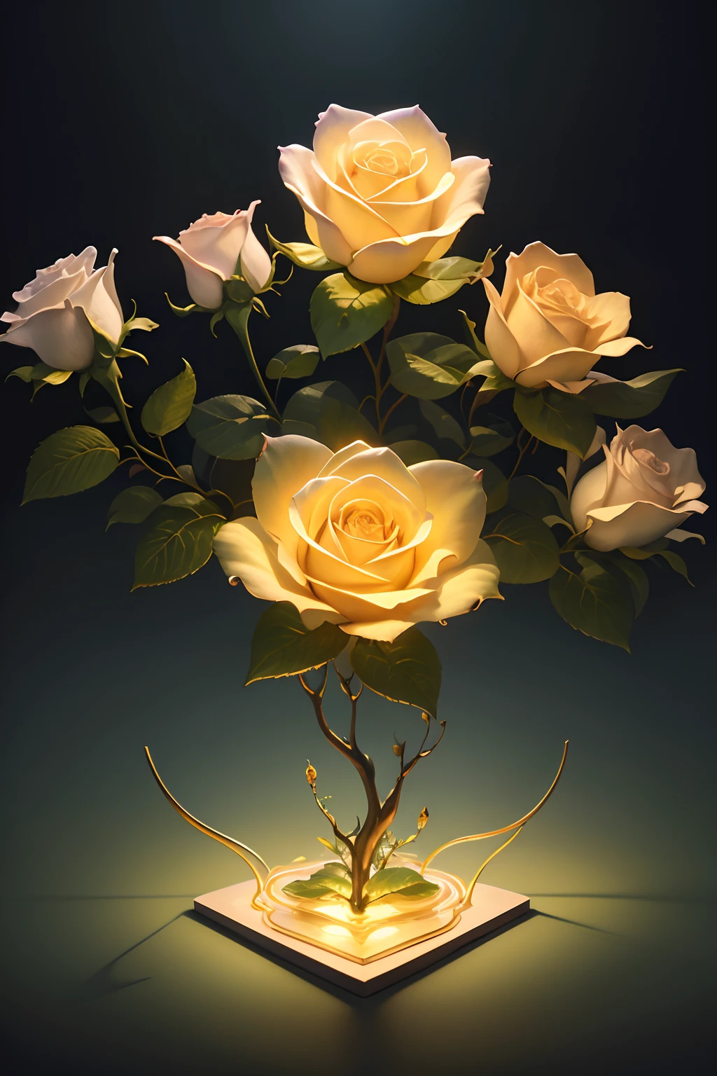 A beautiful and dreamy digital rose blooms freely in the wonderful forest, glass material, jade luster, fluorescence, metal, film layer, Futurism, super artistic expression, Surrealism style, dark background in the middle of the night and early morning, subtle glow, studio lighting, macro natural photography, super detail, golden section, 8K—niji 5