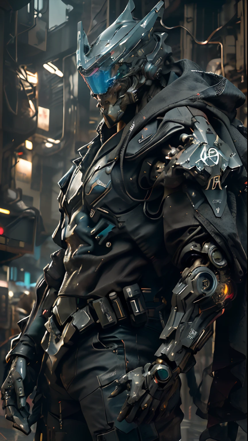 A cinematic action scene of a cyberpunk muscular Special Forces cyborg, Helmet with holographic optics, Dark dystopian aesthetics of science fiction, Dystopian city in the background, at night, Dynamic angle, Cinematic lighting, altamente detalhado, hiper-realista, (corpo inteiro:1.2)