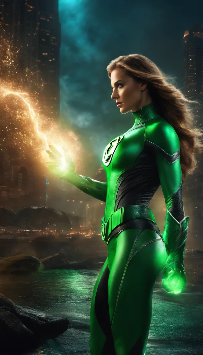 Scene from Movie, Woman dressed as Green Lantern from DC, Extremely detailed, Futuristic city landscape, during night, glowing neon lights, Smoke, spark of light, Metal shavings, Flying debris, blue energy effects, volumettic light
