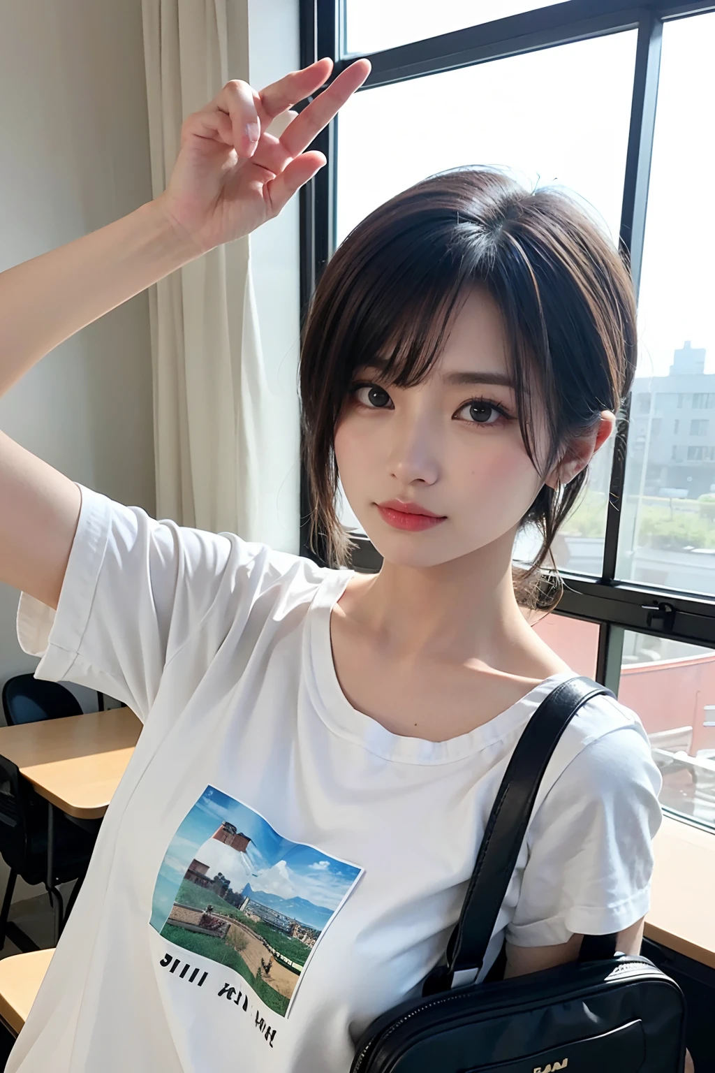 at noon, In the classroom, Two female proctors came into the classroom, Hold a top-secret file bag, Two female directors in white t-shirts and short black hair, This female supervisor looked at the camera, The lens mainly featured the upper body, In the Loff art style ((Xinhai City), popular in CGSTATION, Xinhaicheng H 2160, inspired by Bian Shoumin, Hsin-hai-chen-hsien, Kabashi, Gwitz style, high quality photograph, 4K, 8K, resolution,