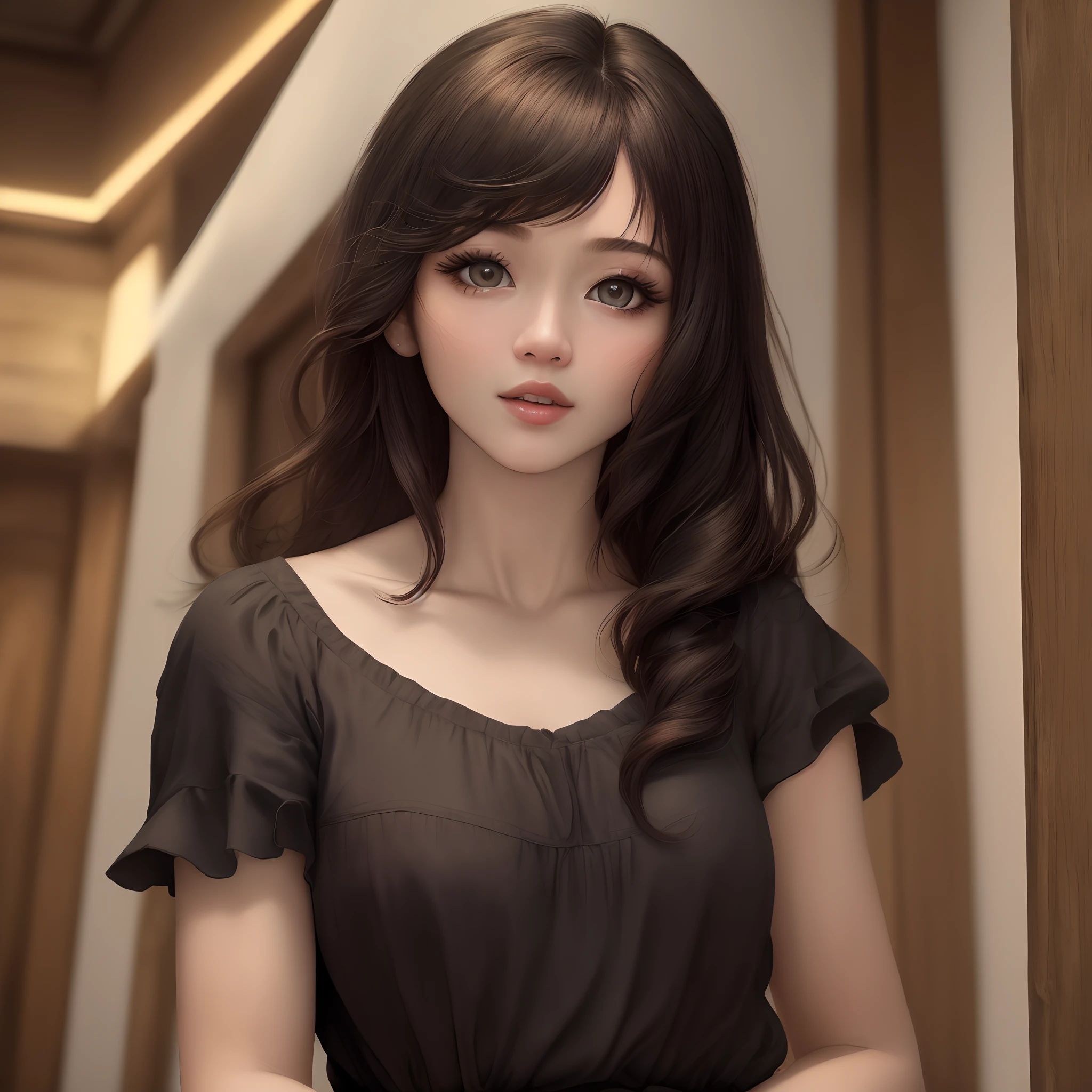 ((Melhor qualidade, 8k, Masterpiece :1.3)), 1girl, cabelo curto liso preto, olhos puxados, Asian