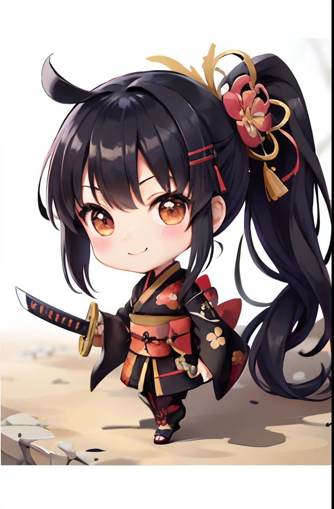 Cute chibi anime about the size of a flower,Chibi anime female samurai of the Sengoku period、ponytail dark hair、Female samurai kimono costume、carry a sword、Townscape of the Warring States Period、dark colored、primary colours、、Smiling, animations、A slight smil、Chibi Animation