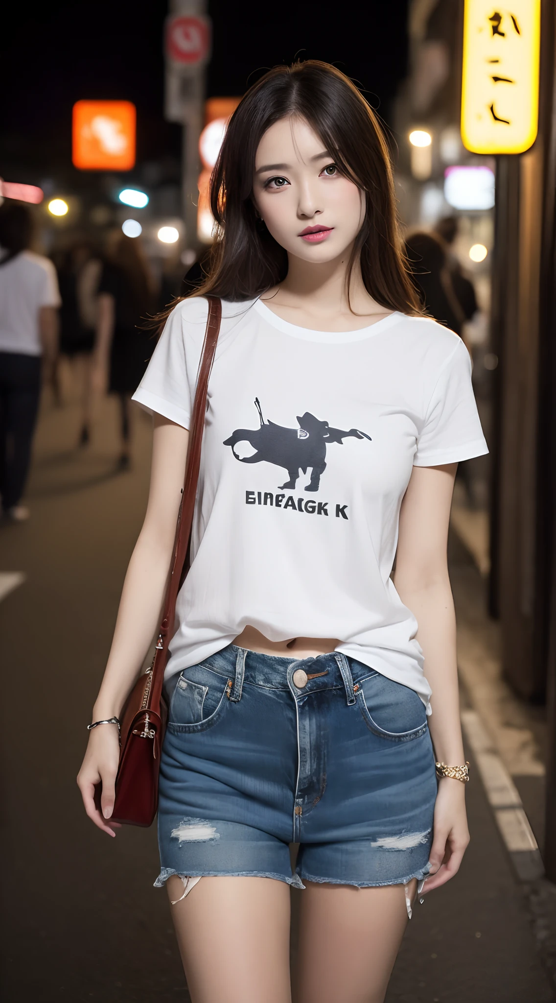 (((Top image quality、8K、1人の女性)))、((Beautie、Beautuful Women、cute little))、Random attire、Random Poses、natta、Streets of Tokyo、modeled、独奏、nightcity、Stylish clothes、Fashionable clothes、natural make up、White short-sleeved T-shirt、damage denim