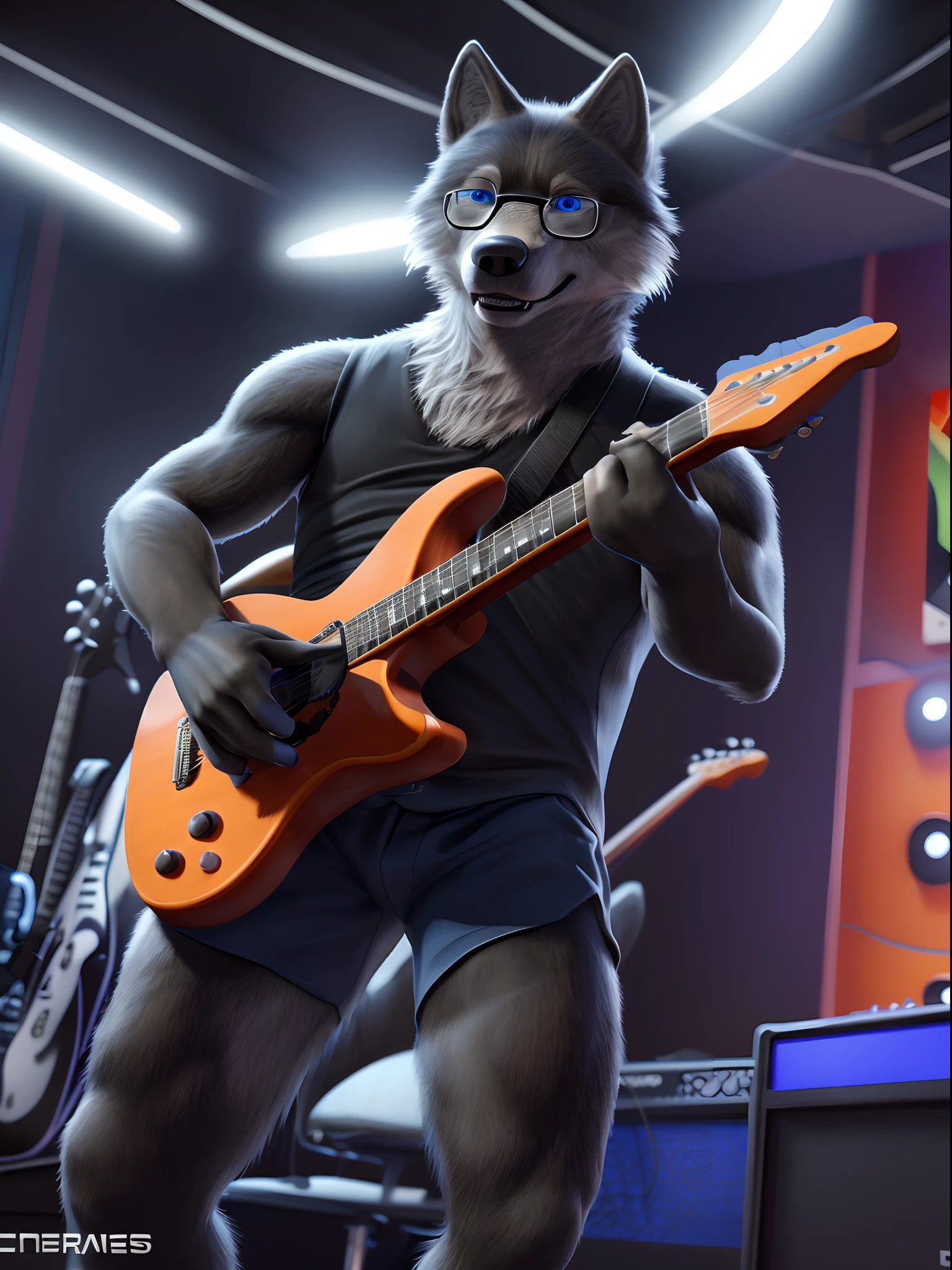 (best quality,highres,ultra-detailed,realistic:1.2),3D rendering,(beautiful,detailed) wolf wearing glasses,(playing,strumming) an electric guitar,Playstation 4 graphics