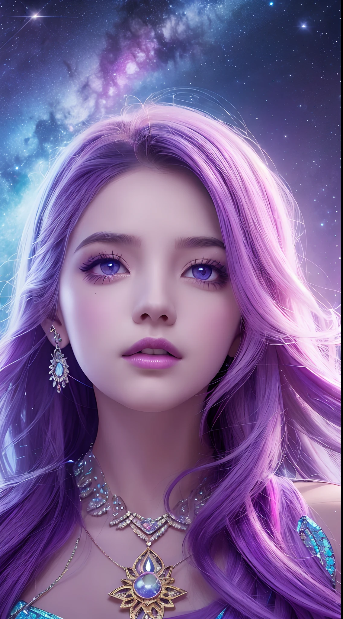Background: Mysterious quantum environment, Cosmic elements and ethereal atmosphere，A mix of bright lights and colorful nebulae. Theme: A mysterious girl with a magical aura. She has long, Colorful wavy curls, The shiny hair stands out. His eyes are deep and expressive, Reflection Universe. She wore a flowing dress in purple and blue, With intricate details and mysterious textures. Color Palette: A combination of mysterious shades such as cosmic purple, Sky blue, Soft pink and a touch of gold. Create contrasts, Increase depth, Dark color, Such as dark purple or night blue. Aesthetics: The aesthetic combines elements of Mistycore, Known for its mysterious and ethereal atmosphere, and crystal cores, With its crystal clarity and sparkling details. The girl exudes magical energy，Her presence hangs over her，mesmerising. Covered with: Keep subtle glowing effects and glitter overlays around the girl, Covered with: Add a soft glow effect around the girl and crystal, It seems to exude magic. Also, Add small details of flash Enhance the ethereal atmosphere, whole body capture.（Beautiful and detailed eye description）,motor irreal:1.4,UHD,La mejor calidad:1.4, (fotorrealista:1.4),( textura de la piel:1.4), (obra maestra:1.8)