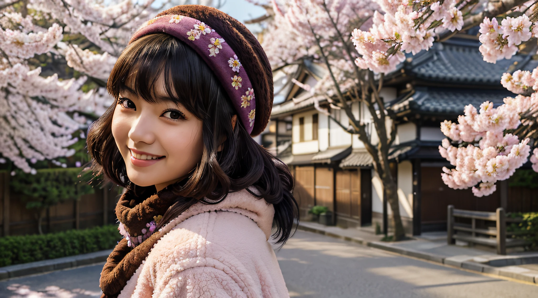 ((solo)), masterpiece, 1girl, japanese woman, blush, perfect illumination, wavy short black hair, brown eyes, sidelighting, extremely detailed face, bangs, bright light skin, big smile, fluffy jacket, close-up portrait, traditional japanese street, flower on hair, furry scarf, beret, colorful, spring, sakura blossoms, trees