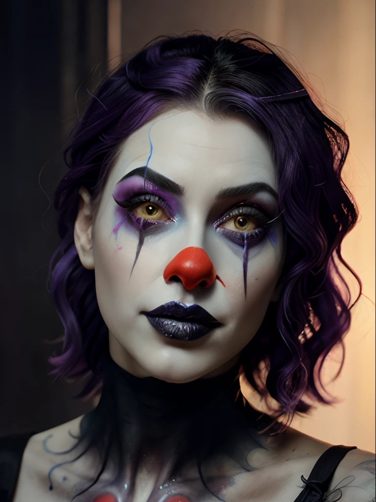 Photorealistic:1.4, araffe woman with purple hair and makeup holding a knife, creepy clown girl, goth clown girl, scary color art in 4 k, scary look, eerie art style, artwork in the style of guweiz, cyberpunk horror style, horror fantasy art, clown girl, cutecore clowncore, deviantart artstation cgscosiety, rossdraws cartoon vibrant