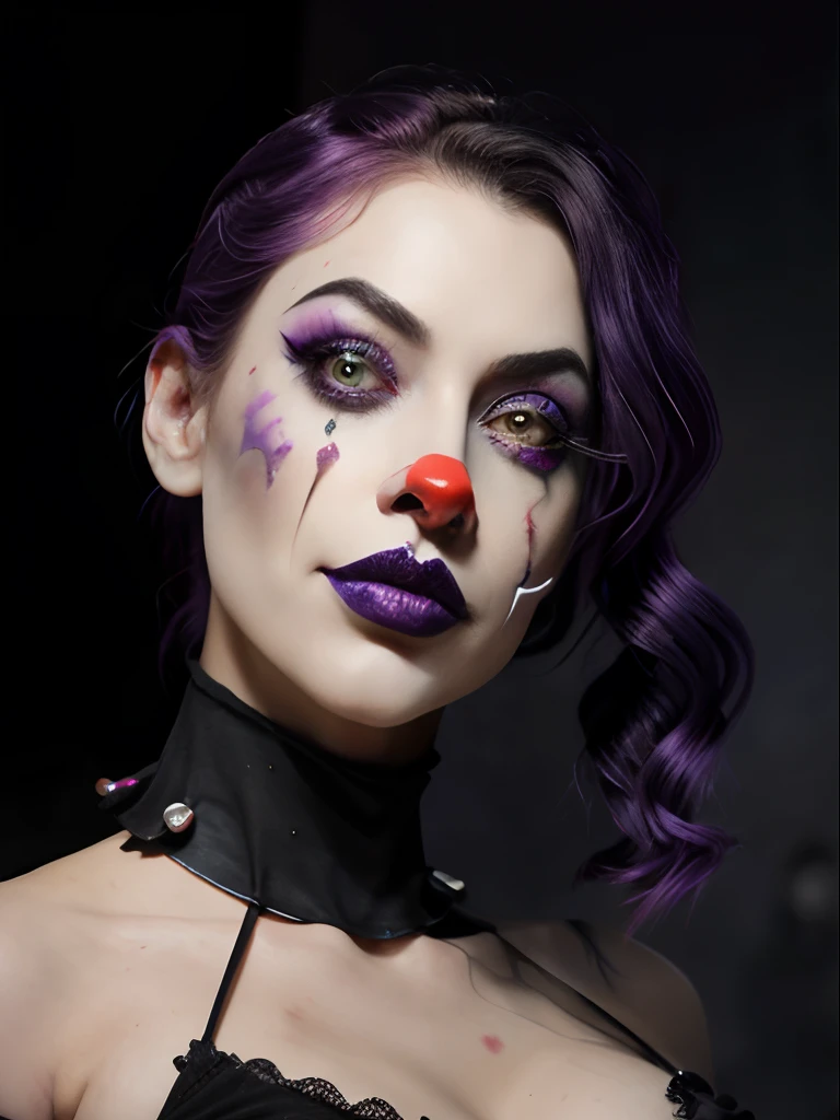 Photorealistic:1.4, araffe woman with purple hair and makeup holding a knife, creepy clown girl, goth clown girl, scary color art in 4 k, scary look, eerie art style, artwork in the style of guweiz, cyberpunk horror style, horror fantasy art, clown girl, cutecore clowncore, deviantart artstation cgscosiety, rossdraws cartoon vibrant