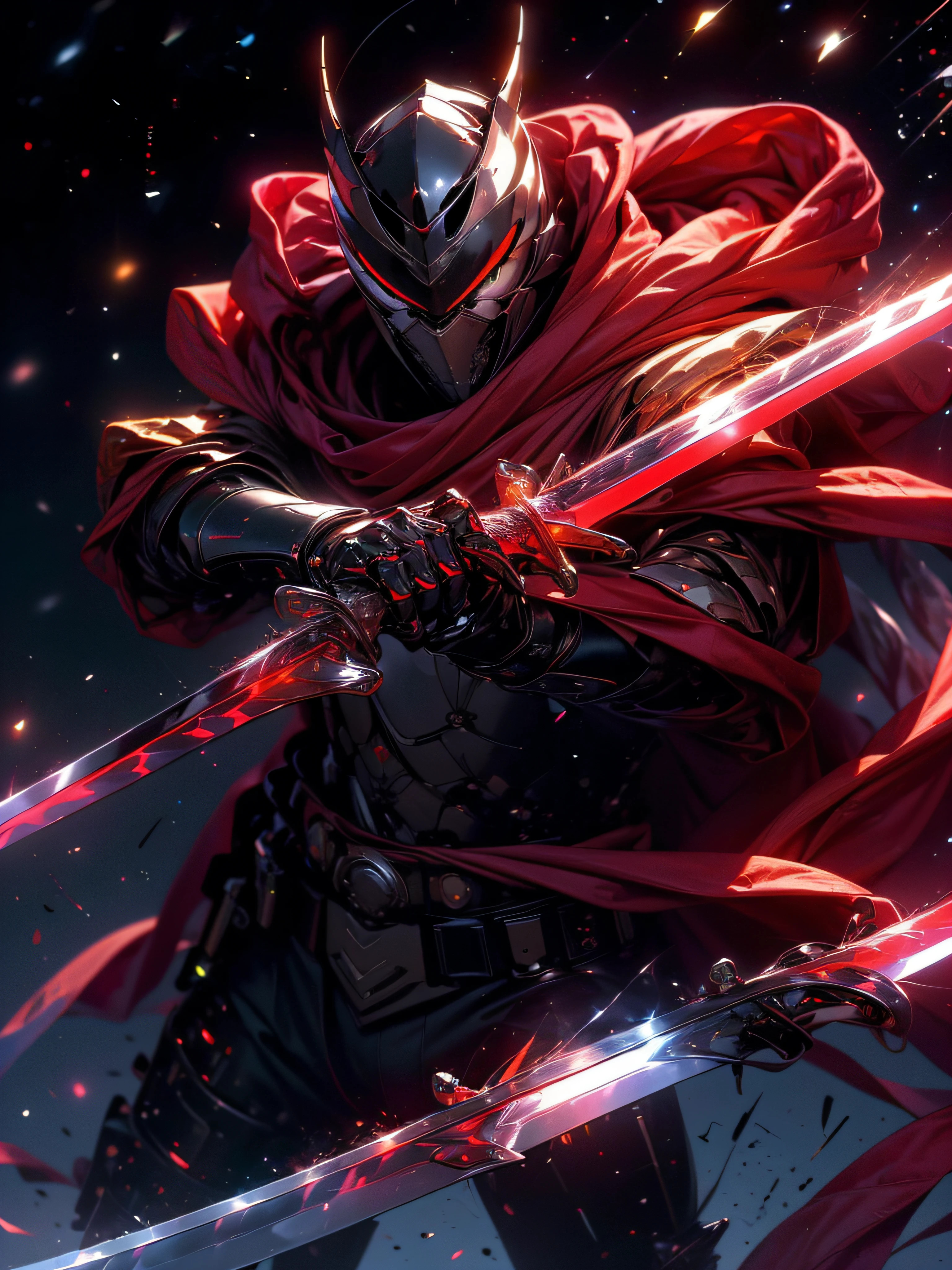 Super realistic, hyper realistic, super detailed, (cybersamurai, 1boy, ((solo)), ((attacking with red sword)) , wearing white armor and mask, cape, glowing beautiful red eyes, glow:1.3) (glowing simple black background:1.25),