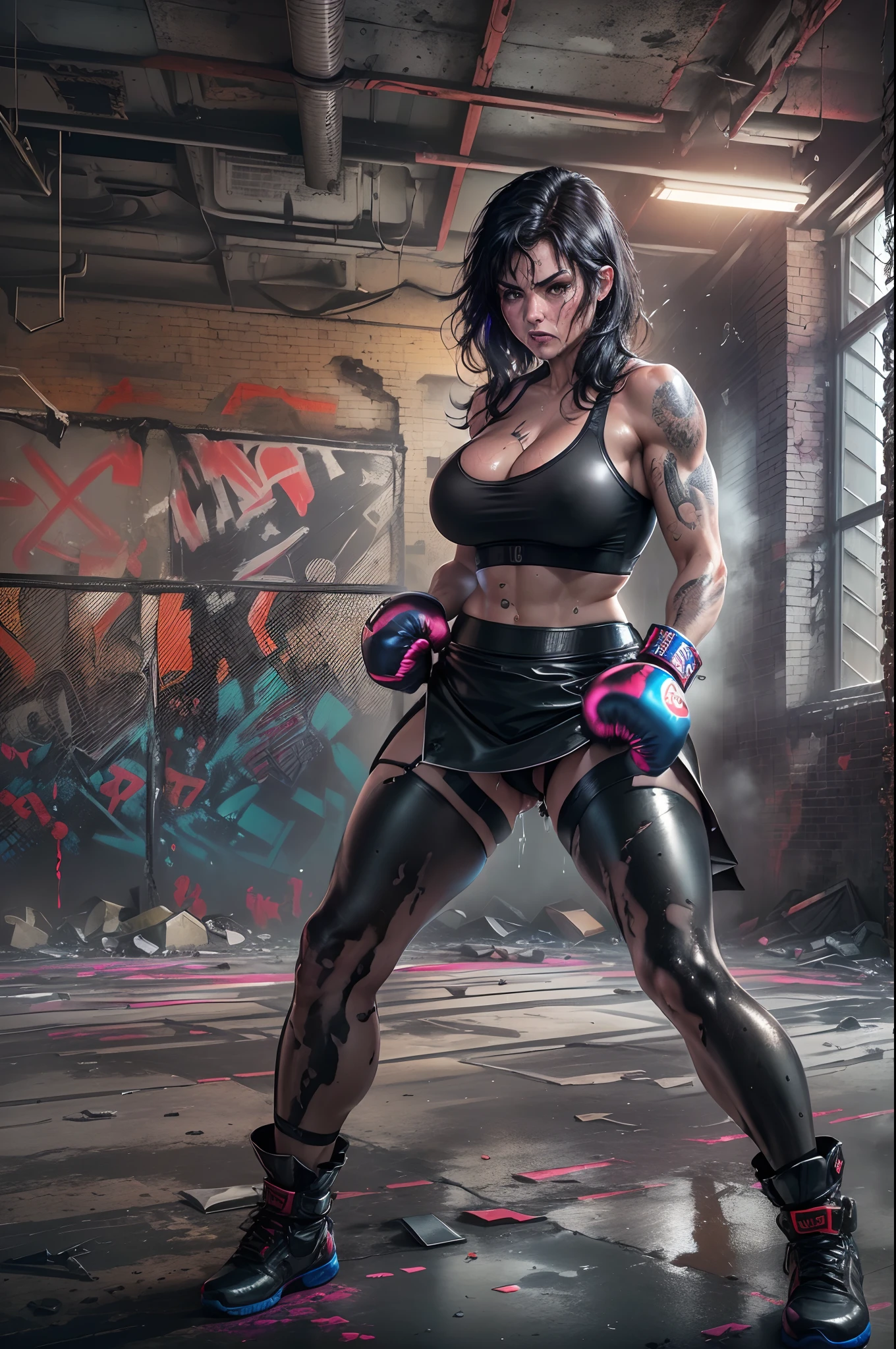 (best quality,highres:1.2),(ultra-detailed),(realistic:1.37),(HDR,UHD),(physically-based rendering), (Denise Milani as a sexy busty toned boxing girl in a grungy boxing gym peeing herself and sweating heavily ),(wearing a ((black leather knee-length boxing skirt))),((short jet-black hair))(cyborg),(topless),(fighting in an abandoned factory),(deadly fighting action),(NSFW), (portraits),(vivid colors),(dark tones),(intense lighting),(metallic textures),(dystopian atmosphere), (neon lights),(dramatic angles),(broken windows),(graffiti),(sparks),(shattered concrete),(petrified facial expressions), (sweat dripping),(pissing, peeing, wetting herself:1.5),(martial arts),(adrenaline),(fierce combat),(sinister backgrounds),(blurry motion),(muscular physiques),(gritty environment),