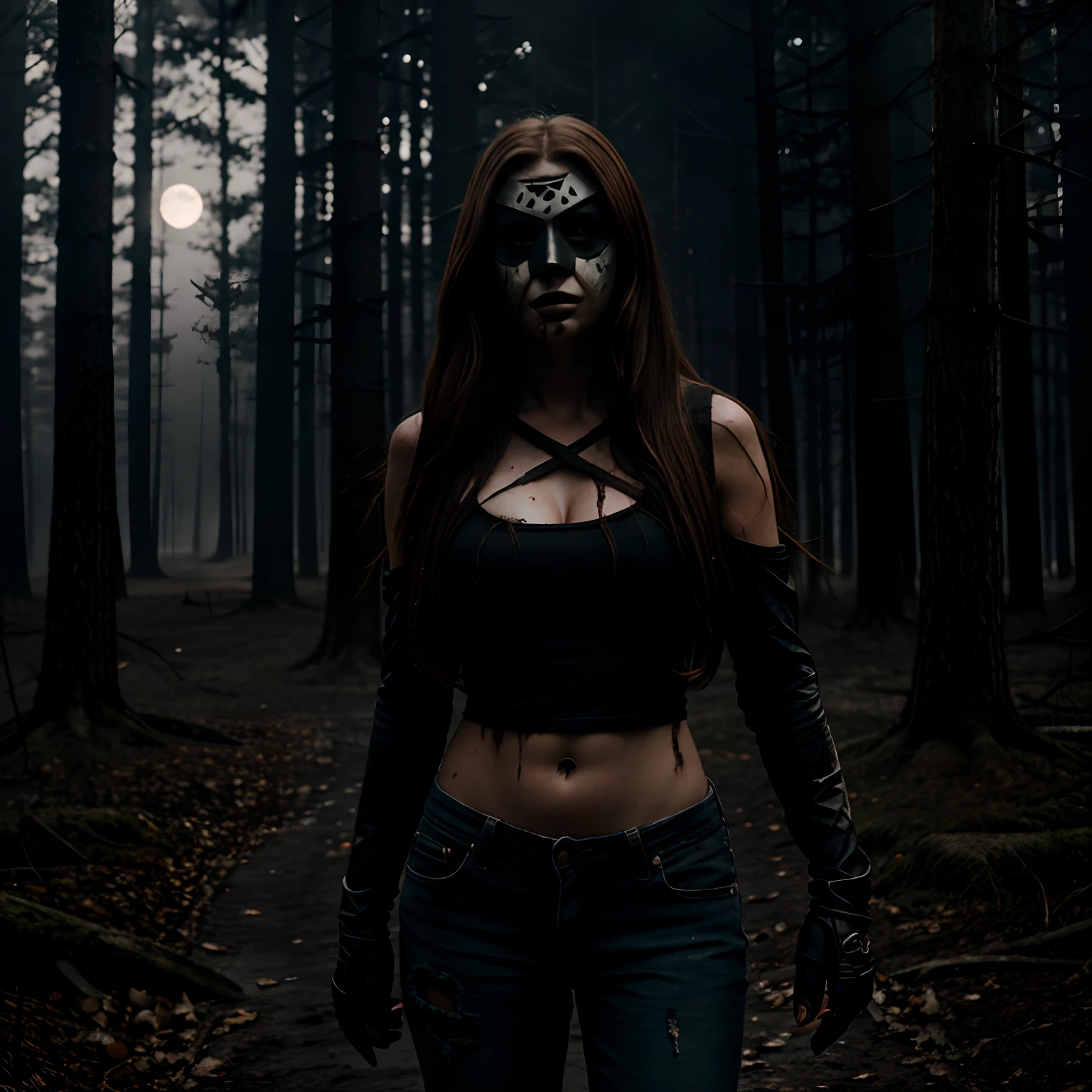 Generate a striking photograph of Autumn in her mid-20s, standing at approximately 5'4". She embodies a female version of Jason Voorhees from the Friday the 13th franchise. Her long, wavy chestnut hair cascades eerily over her shoulders, and her athletic hourglass figure, including her full bust, is cloaked in a sinister yet alluring manner. Her complexion is pallid, creating an eerie contrast with her dark attire.Cloaked in a gender-bent, menacing interpretation of Jason Voorhees' iconic attire, Autumn wears a tattered and blood-spattered hockey mask that conceals the upper part of her face. Her clothing consists of a weathered, blood-stained hockey jersey with the number 13, paired with distressed, dirt-covered jeans and heavy, mud-caked boots.The photoshoot takes place in a creepy, moonlit forest by the shores of Crystal Lake. The atmosphere is shrouded in fog, and the dim moonlight casts eerie shadows through the trees, creating a chilling ambiance.Autumn strikes poses that convey both malevolent power and eerie allure. She might menacingly wield a bloodied machete or axe, poised to strike, while her expressive brown eyes gleam malevolently through the eyeholes of the hockey mask. Her stance exudes a sinister confidence that captures the essence of Jason Voorhees.Intense look and makeup, asymmetrical mask design, photorealistic, moonlit lighting, ominous fog, reflective machete/axe blade, visible gore and bloodstains, chilling shadows, intricate, elaborate, hyper-realistic.