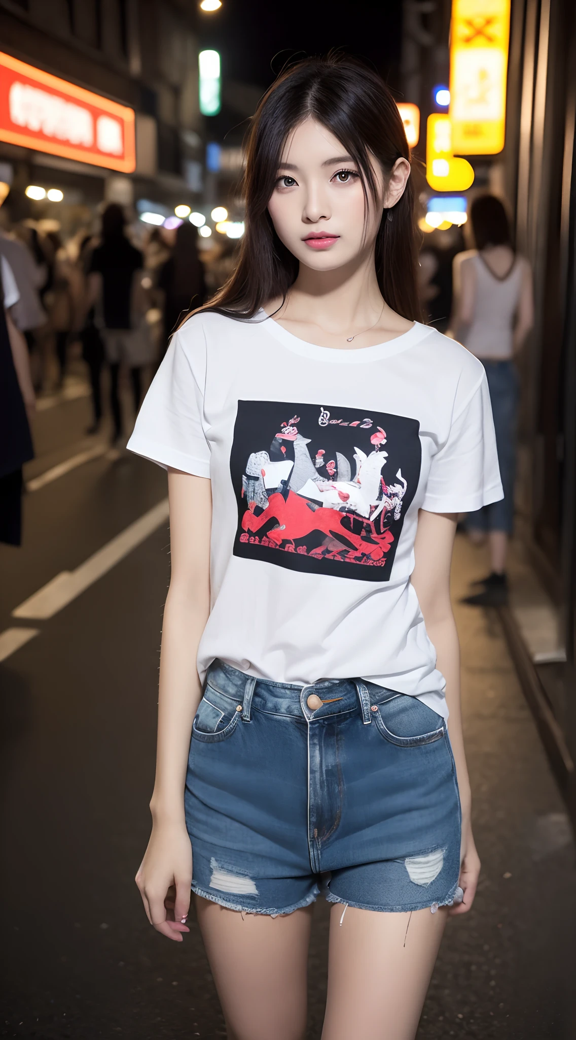 (((Top image quality、8K、1人の女性)))、((Beautie、Beautuful Women、cute little))、Random attire、Random Poses、natta、Streets of Tokyo、modeled、独奏、nightcity、Stylish clothes、Fashionable clothes、natural make up、White short-sleeved T-shirt、damage denim、japanes
