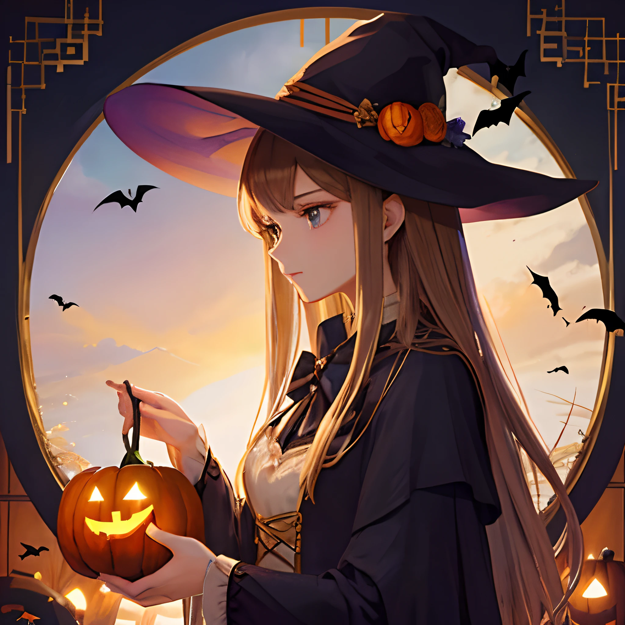 (masterpiece、top-quality、top-quality、Beautifully Aesthetic:1.2)、(1womanl:1.3)、Halloween、Beautuful Women、the witch、bewitching、Geometry、squash、Marco