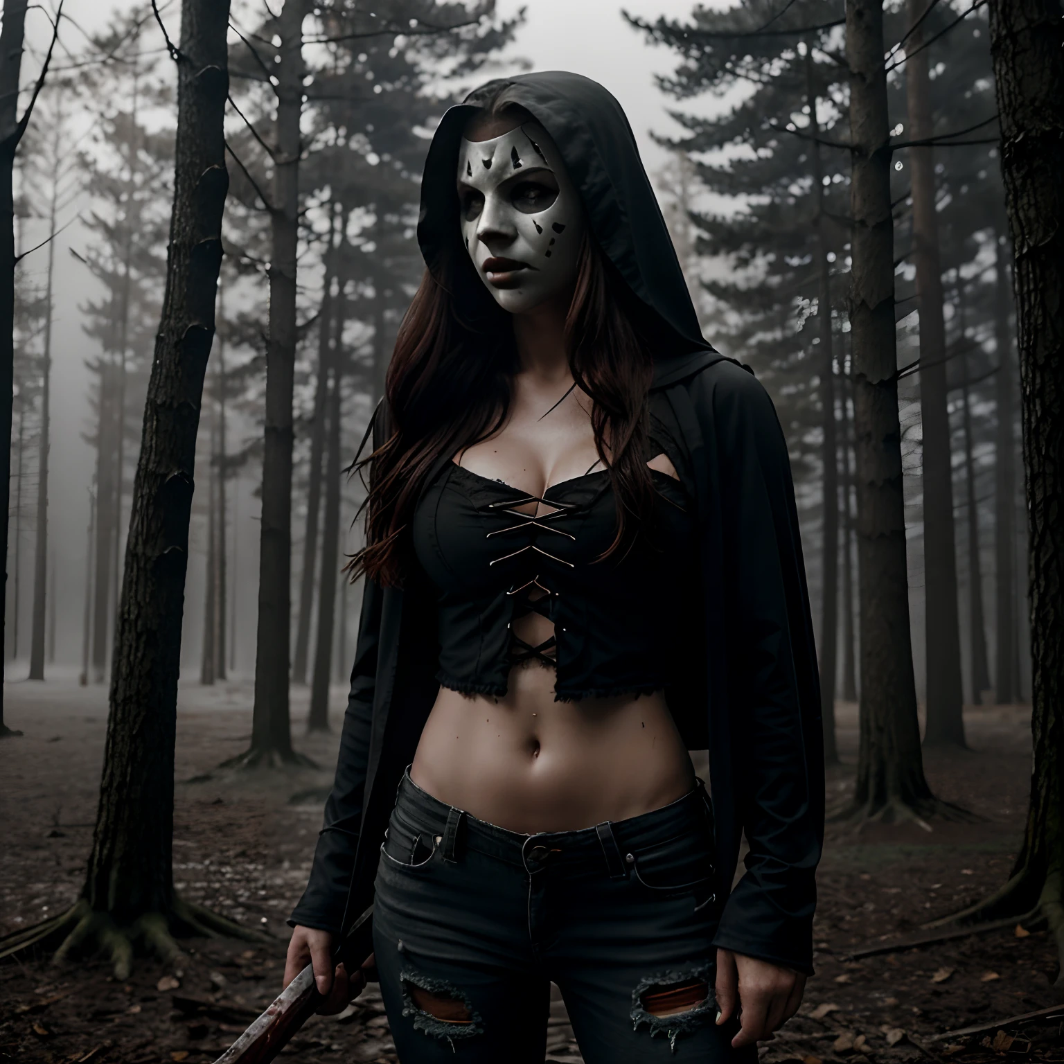 Generate a striking photograph of Autumn in her mid-20s, standing at approximately 5'4". She embodies a female version of Jason Voorhees from the Friday the 13th franchise. Her long, wavy chestnut hair cascades eerily over her shoulders, and her athletic hourglass figure, including her full bust, is cloaked in a sinister yet alluring manner. Her complexion is pallid, creating an eerie contrast with her dark attire.Cloaked in a gender-bent, menacing interpretation of Jason Voorhees' iconic attire, Autumn wears a tattered and blood-spattered hockey mask that conceals the upper part of her face. Her clothing consists of a weathered, blood-stained hockey jersey with the number 13, paired with distressed, dirt-covered jeans and heavy, mud-caked boots.The photoshoot takes place in a creepy, moonlit forest by the shores of Crystal Lake. The atmosphere is shrouded in fog, and the dim moonlight casts eerie shadows through the trees, creating a chilling ambiance.Autumn strikes poses that convey both malevolent power and eerie allure. She might menacingly wield a bloodied machete or axe, poised to strike, while her expressive brown eyes gleam malevolently through the eyeholes of the hockey mask. Her stance exudes a sinister confidence that captures the essence of Jason Voorhees.Intense look and makeup, asymmetrical mask design, photorealistic, moonlit lighting, ominous fog, reflective machete/axe blade, visible gore and bloodstains, chilling shadows, intricate, elaborate, hyper-realistic.