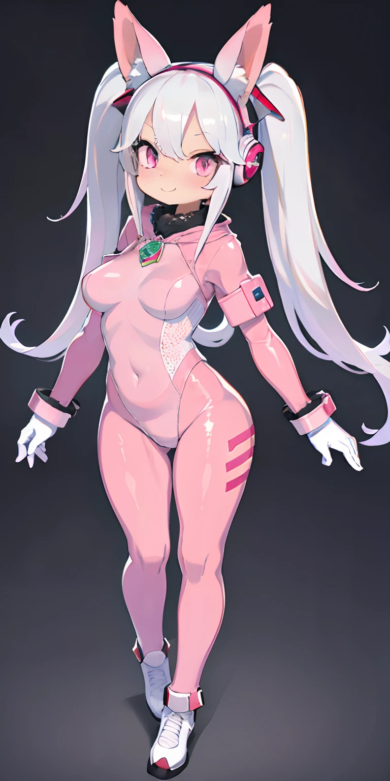 (photorealistic: 1.4), best quality, ultra high res, 4k, instagram, highly detailed, alice\(nikke\), pink bodysuit, animal ears, fake animal ears, gloves, headphones, headset, jacket , pink latex bodysuit, pink eyes, twintails, white gloves, white hair, VirtualGirl-Aim, medium breasts, long hair, crystal pendant, smile, full body shot,