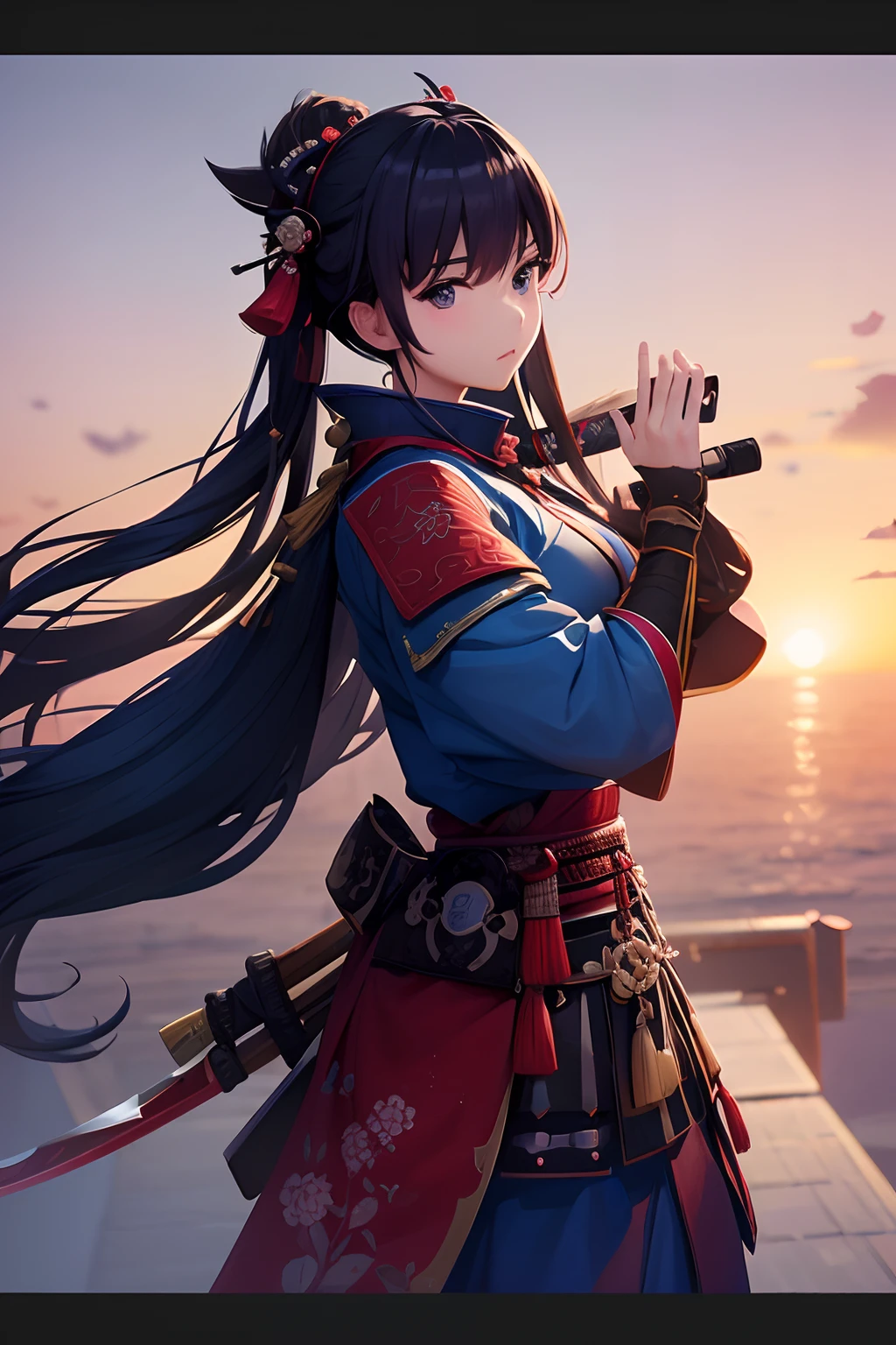 Beautiful female samurai of the Warring States period、Woman with semi-long hair、Samurai's Idetouch、Samurai Pose、Big sword、、The appearance of the samurai、Computer Graphics Art、。.。.。.。.。.。.。.。.。.。.。.。.3D、hight resolution、top-quality、The upper part of the body、8K Character Concept、32K、pixiv、illustratio、 ultra-detailliert、hyperdetailed face、Megapixel、 Ultra High Definition HDR、Clair、Overdecoration