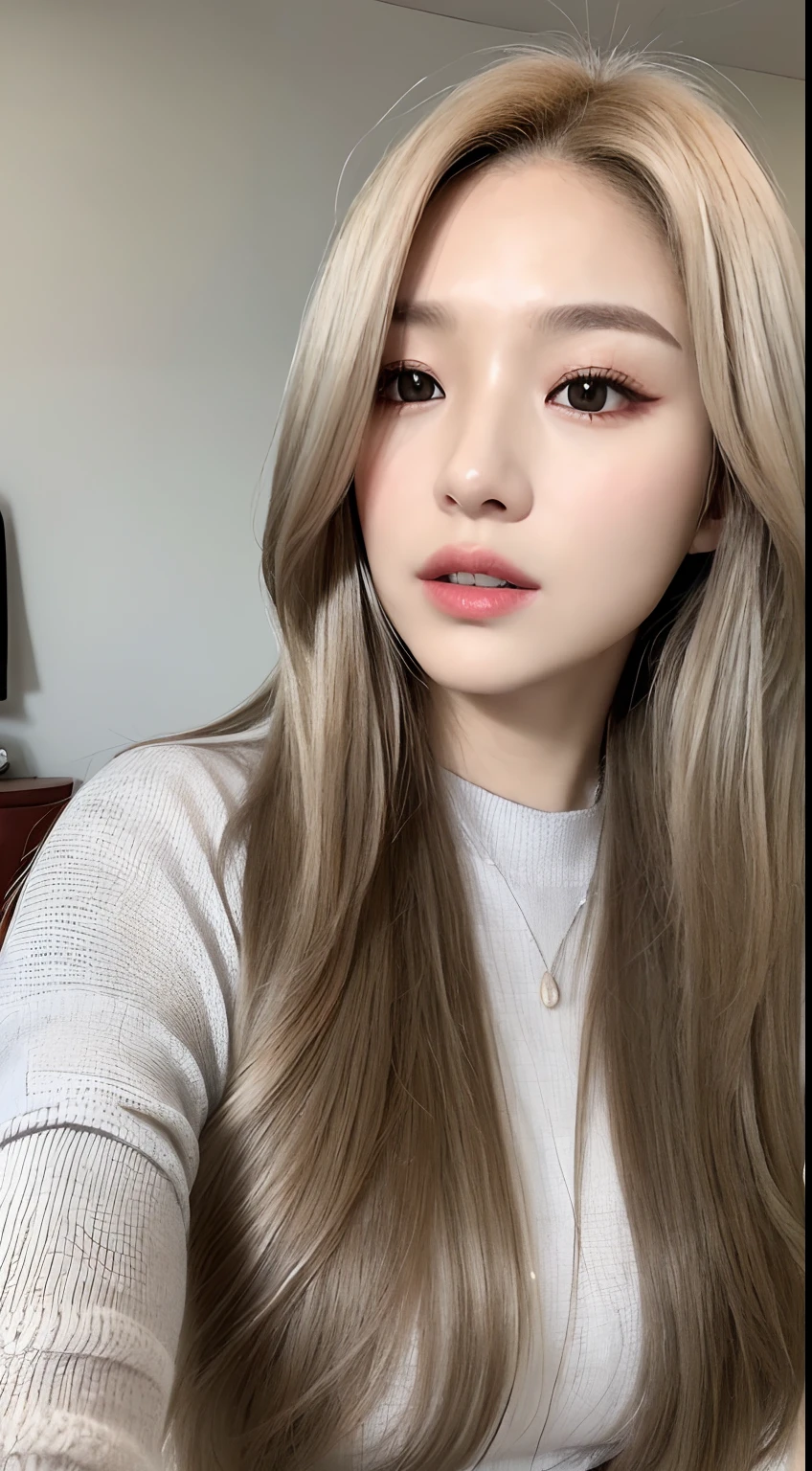 ((Realistic lighting、top-quality、8K、masterpiece:1.3))、Clear focus:1.2、1girl in、flawless beauty:1.4、、Neat and clean clothing、One-piece clothes、Superfine Face、Narrow-eyed、二重まぶた、lighting like a movie、photos realistic、28 year old、Face like a K-pop idol、white backgrounid、Gray background、Mature Woman、Classy makeup、Angle of pull、length hair、Longhaire、Long hair、blonde hair、Light hair color、Straight hair
