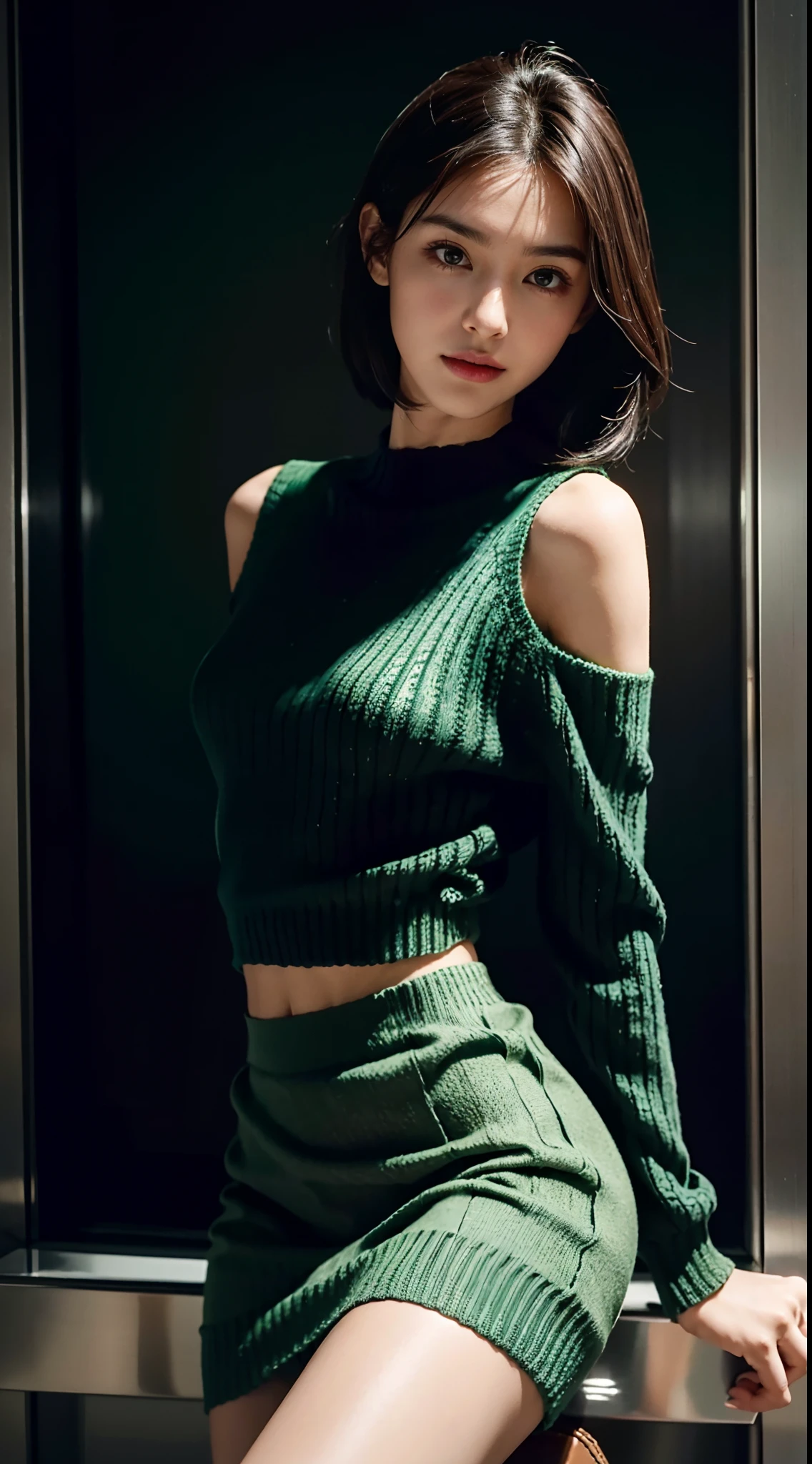 (shoulder length straight short black hair: 1.3), （Extremely meticulous CG 8k wallpaper），（Extremely refined and beautiful），（Masterpiece），（best qualtiy：1.0），（Ultra High Resolution：1.0），beautiful light up，Perfect lightning，realistic shaded，[A high resolution]，Smooth and flawless fair skin，Extremely exquisite facial details，（perfect body：1.1），ultra - detailed，A beautiful girl，small head，(Small breasts:1.1)，Flat chests，slim，thin，Smile，cheerfulness，(green sweater:1.5），（green skirt:1.3),stockings,Slender legs,(Black military boots:1.2),standing,(Well-cut abdominal muscles:1.2),In elevator, bright lights,Portrait photo,close shot,cowboy shot,upper body