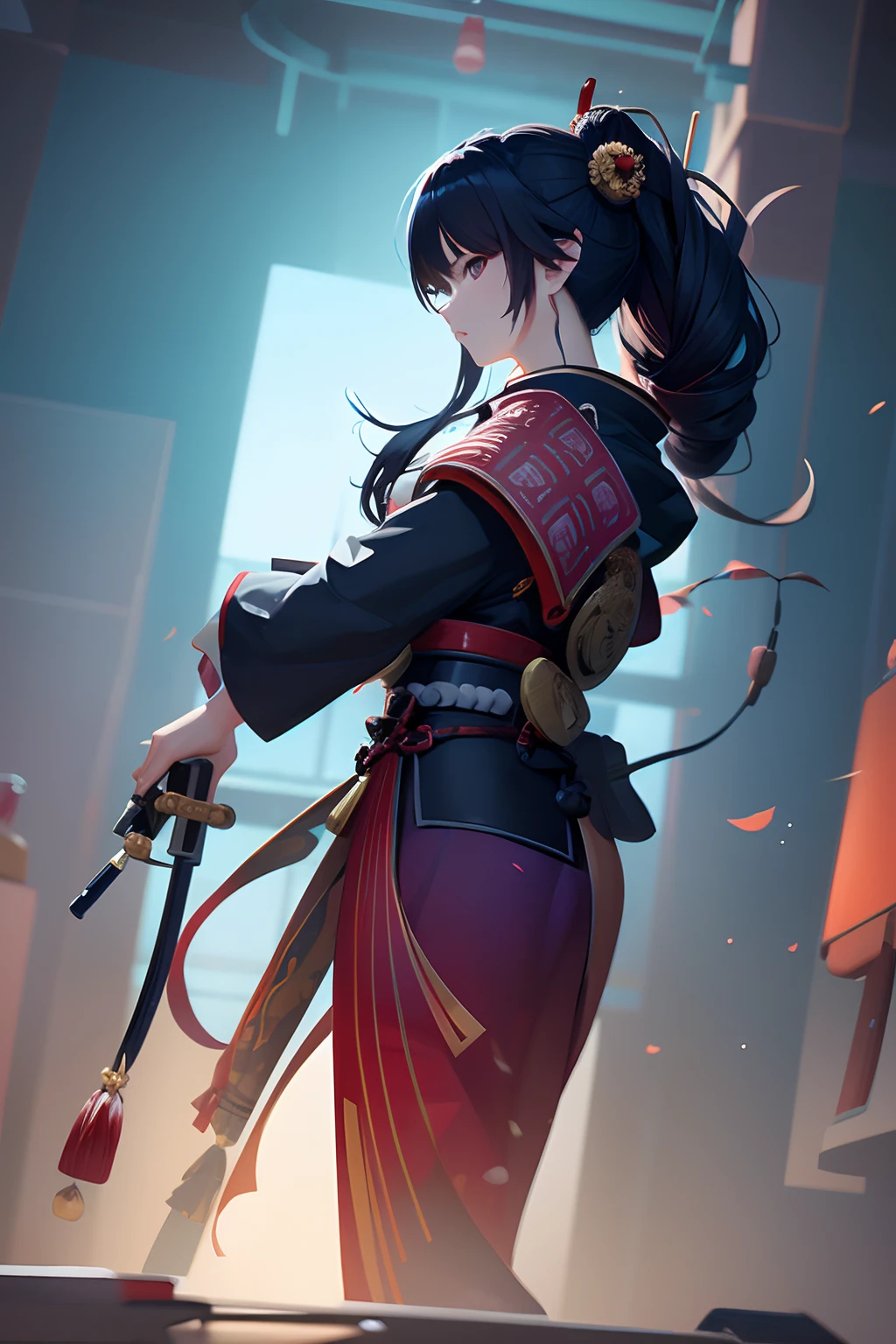 Beautiful female samurai of the Warring States period、Woman with semi-long hair、Samurai's Idetouch、Samurai Pose、Big sword、、The appearance of the samurai、Computer Graphics Art、。.。.。.。.。.。.。.。.。.。.。.。.3D、hight resolution、top-quality、The upper part of the body、8K Character Concept、32K、pixiv、illustratio、 ultra-detailliert、hyperdetailed face、Megapixel、 Ultra High Definition HDR、Clair、Overdecoration