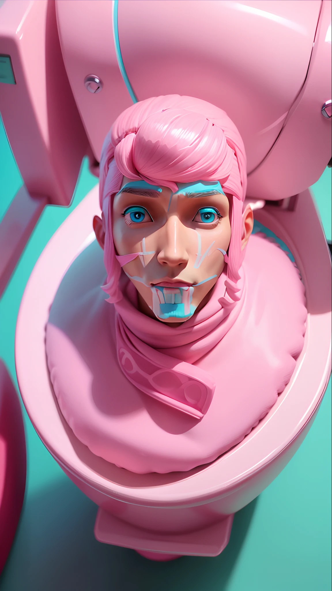barbie Doll style: Ken. (A Man Charracter), (Pink and cyan Background), (Head in Toilet), skibidi toilet, Giant, Toy.