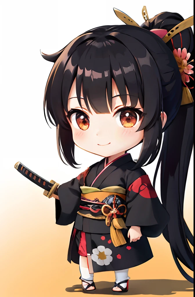 Cute chibi anime the size of a flower,Chibi anime female samurai of the Sengoku period、ponytail dark hair、Female samurai kimono costume、carry a sword、Townscape of the Warring States Period、dark colored、primary colours、、Smiling, animations、A slight smil、Chibi Animation