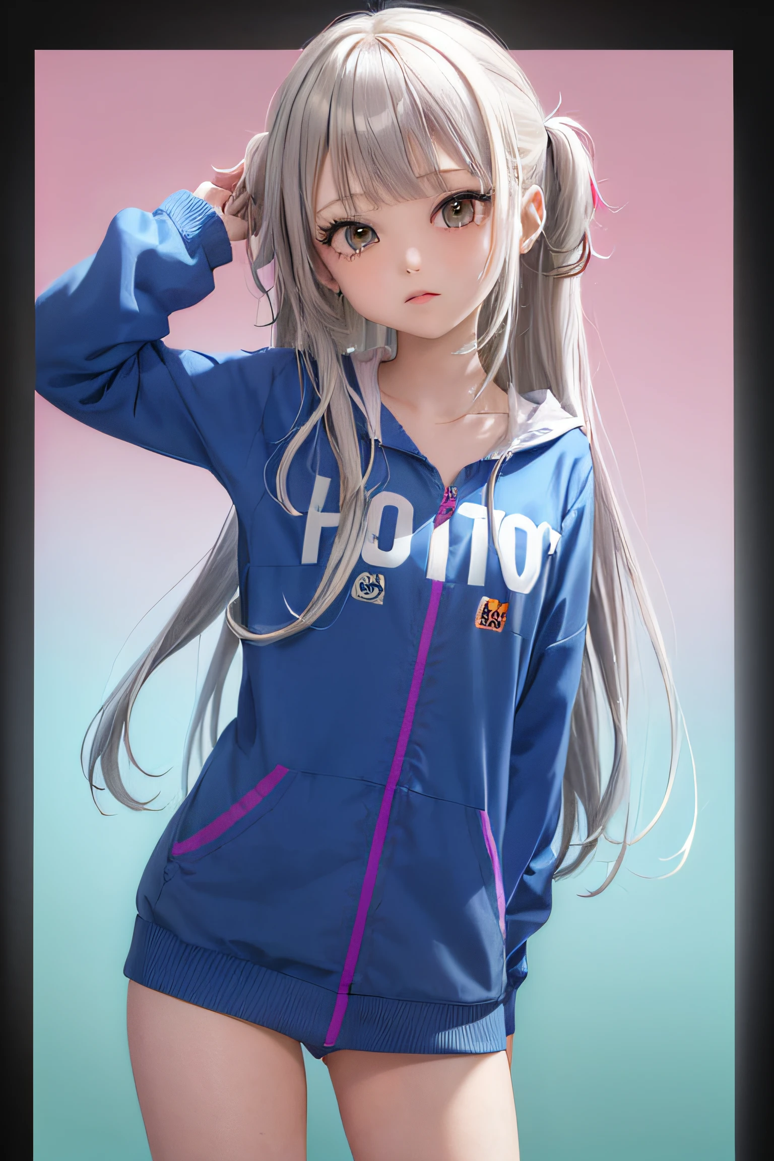 1girl in, (masutepiece:1.1), (Best Quality:1.1), colorful onesie, theme, (Gradient background :1.1), Cowboy Shots, silber hair, length hair, , verd s eyes, sideways Facing,