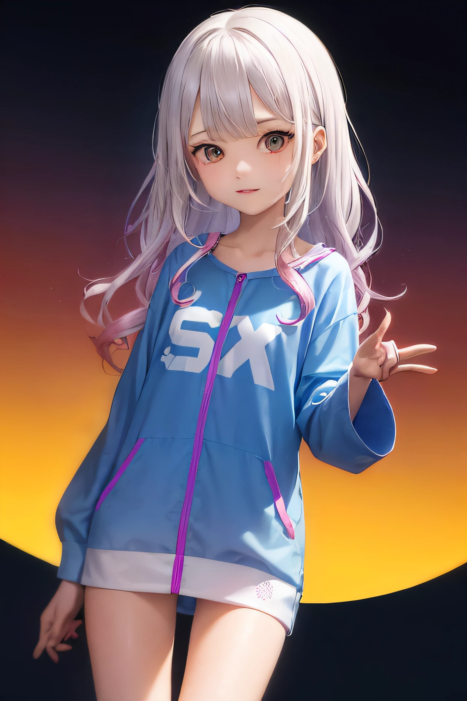 1girl in, (masutepiece:1.1), (Best Quality:1.1), colorful onesie, theme, (Gradient background :1.1), Cowboy Shots, silber hair, length hair, , verd s eyes, sideways Facing,