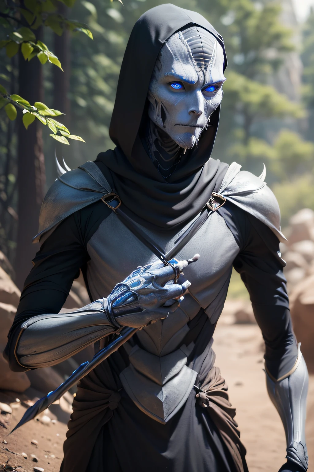 A tall slender humanoid bug with four arms. Holding a spear and wearing a bandelier backpack. dark grey skin, Carapace armor (masterpiece, best quality), (blue eyes), (perfect hands), (Hyper realistic:1.6), ((detailed face)), ((award-winning)), (Sharp,) (8k resolution,) (Cinematic lighting), (Eye contact),