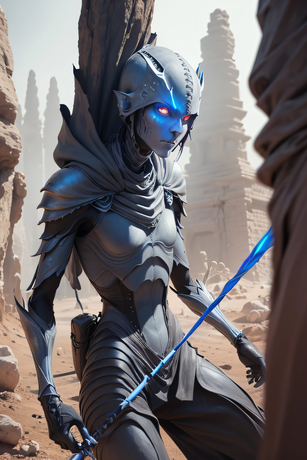 A tall slender humanoid bug with four arms. Holding a spear and wearing a bandelier backpack. dark grey skin, Carapace armor (masterpiece, best quality), (blue eyes), (perfect hands), (Hyper realistic:1.6), ((detailed face)), ((award-winning)), (Sharp,) (8k resolution,) (Cinematic lighting), (Eye contact),