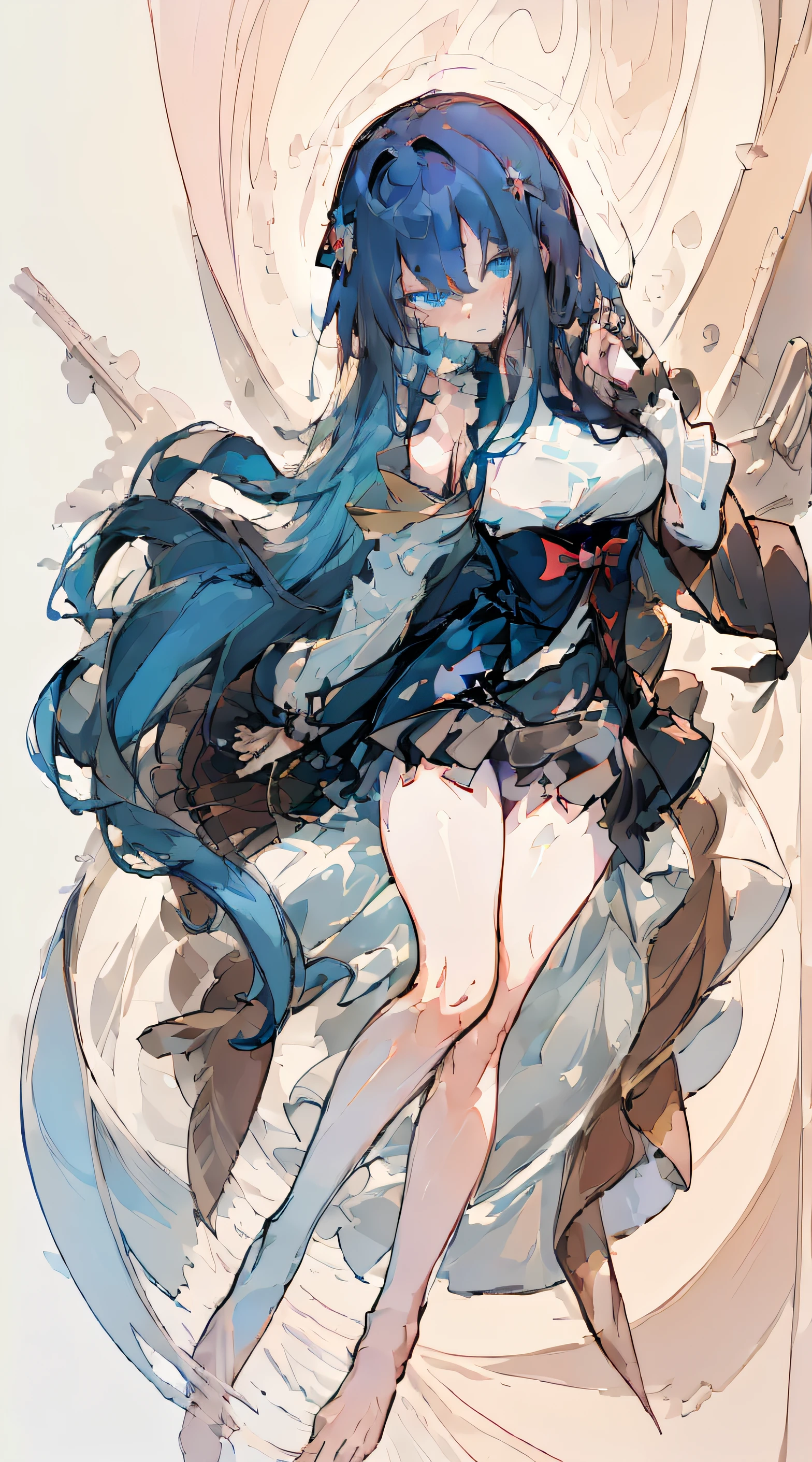 (Masterpiece, Best quality) (Masterpiece, Best quality) (Masterpiece, Best quality) ,1 girl, ((Blue eyes)), Delicate eyes, Dark blue hair, Long hair,Messy hair,Hairstyles, Blue Hanfu, Large breasts,( Slender legs:1.35), Barefoot,Wet,embarressed,((Blush)),Suffocating,full bodyesbian, Hand POV, Long sleeves, 鎖骨, , view the viewer, offcial art, Sketch, ,,Empty eyes,clench one's teeth,Bare shoulders,Highest image quality,Excellent hands,Solo,Slim waist,Rolling,Tears,Wet,Pleated skirt