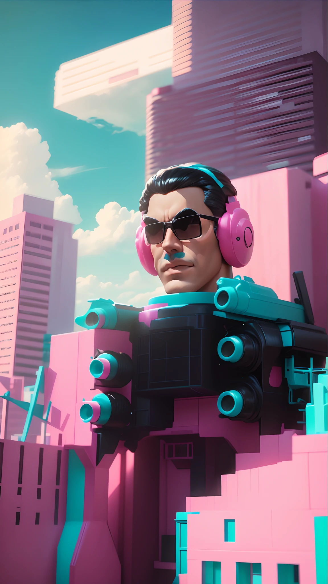 barbie Doll style: Ken. (A giant Man Charracter, black hair), (Pink and cyan Background), (outdoor, building, sky), Giant, Toy.