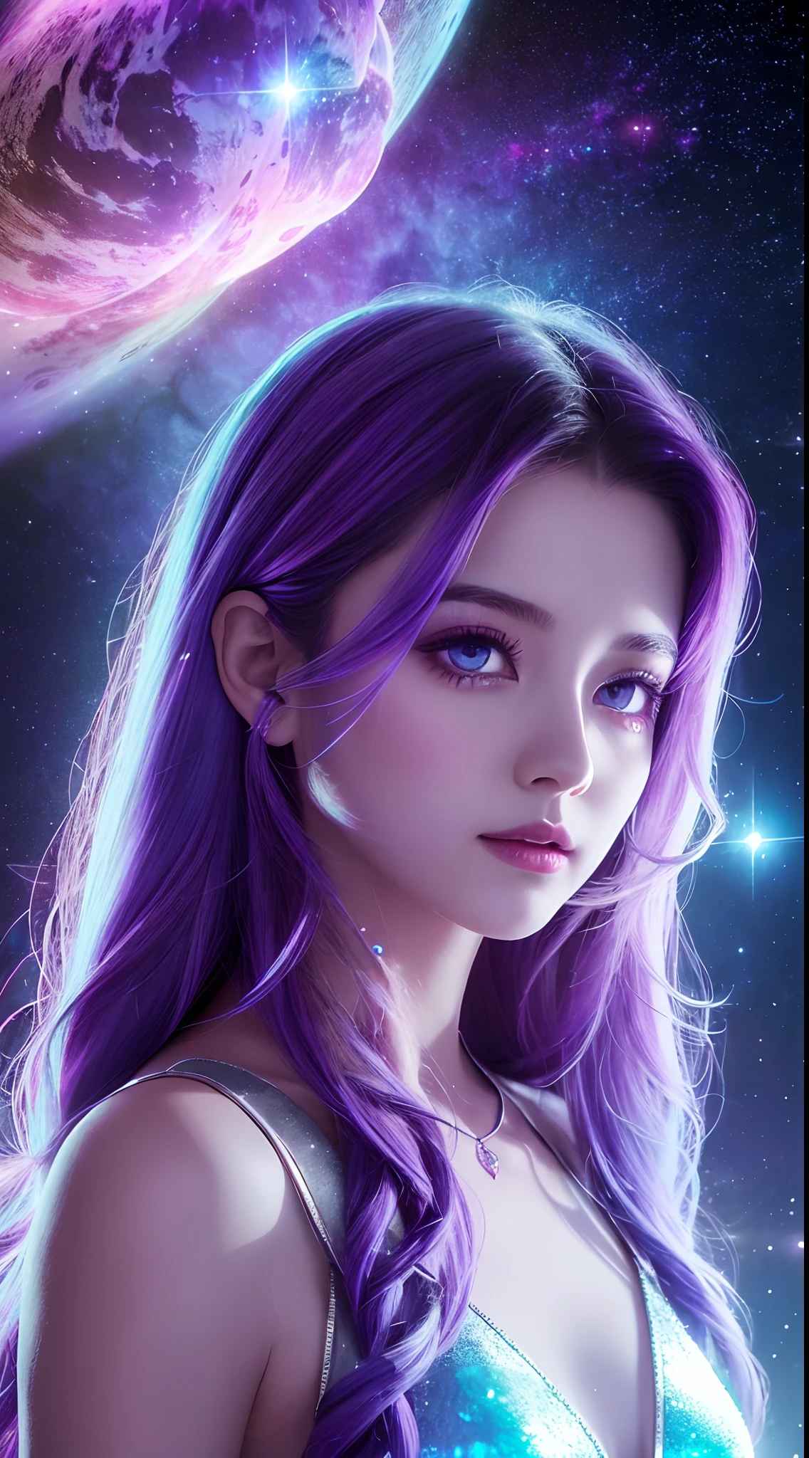 (Highest quality, sketch:1.2),Realistic,Purple Hair、Purple Eyes、There are stars in your eyes,A beautiful woman、Japanese
